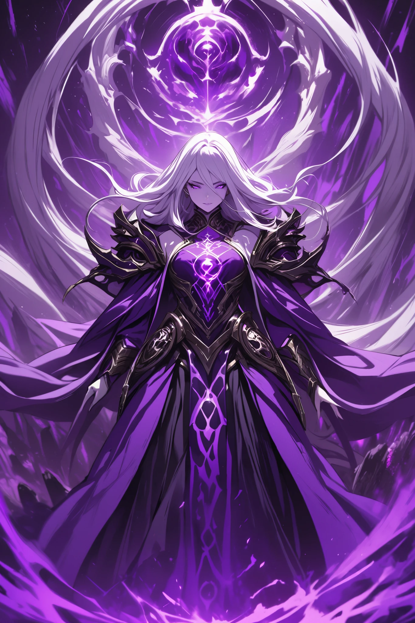 The Voidborn, white long haired woman, epic purple robes, best quality, purple background ( void ) 