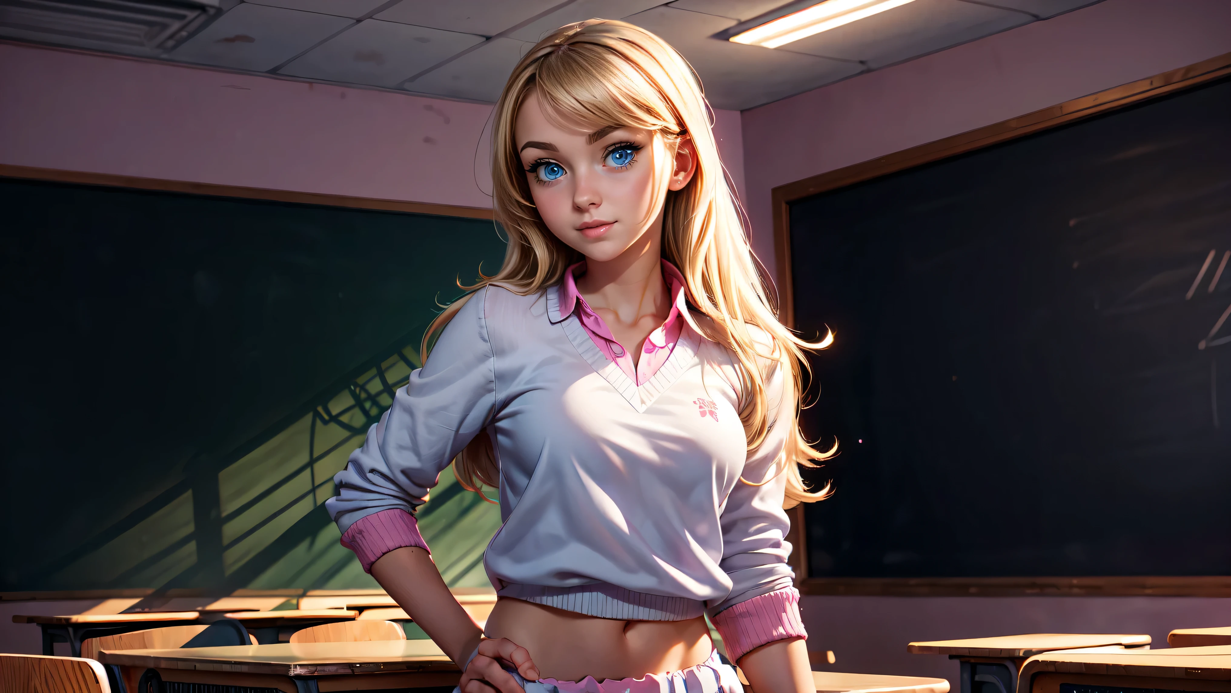 1girl, solo, single girl, young girl, Standing in a classroom, Cute blonde girl wearing revealing pink high-school uniform in classroom, , petite, blue eyes, popular girl, standing in front of the chalkboard,