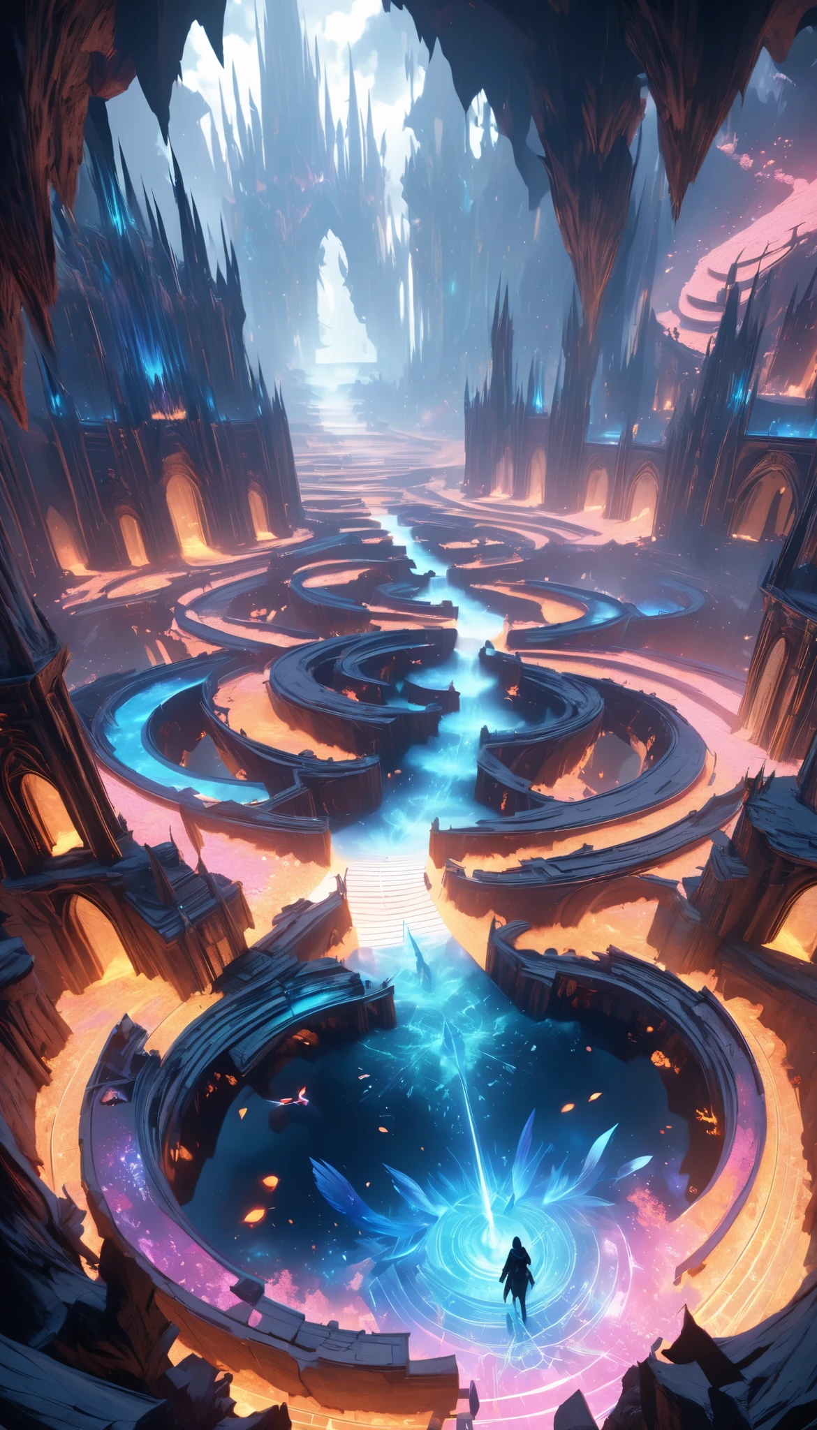 ultra high resolution, A three-dimensional underground labyrinth, beautiful complex, ultra-high detailed, break (complex underworld Realm:1.37, high quality:1.27), from above, dynamic motion, Phantasmal iridescent fantasy, sharp glow, shining, complex underworld Realm, A bird's-eye view of the vast underground, pastel colored, real vivid fine atmosphere, Super realistic, beautiful blurred background, 16k, Super Retina, absolute quality