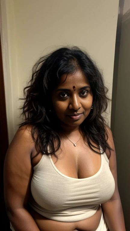 photo of a 40 years old woman, <lora:parvin4u woman_v1:1.2> parvin4u woman, cleavage, big belly, (mole, skin fangs:0.2), shiny skin, highly detailed skin texture, silver bracelet, looking at viewer, smile, simple solid grey background, (moody lighting:0.4), 8K, UHD, DSLR