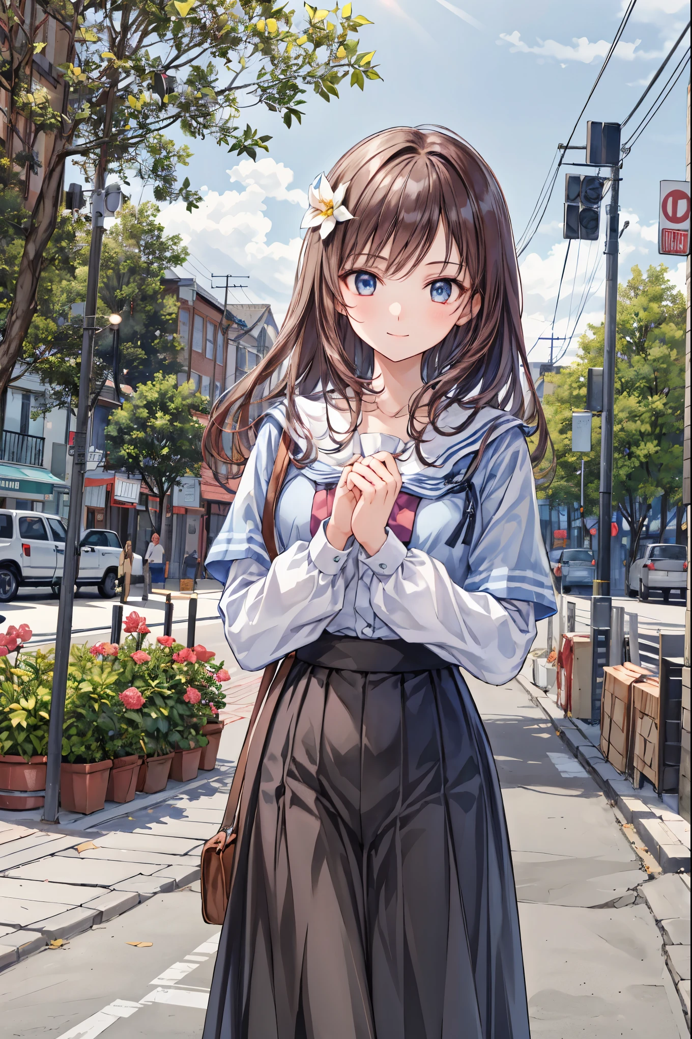Anime girl with long brown hair and blue eyes standing on a city street ...