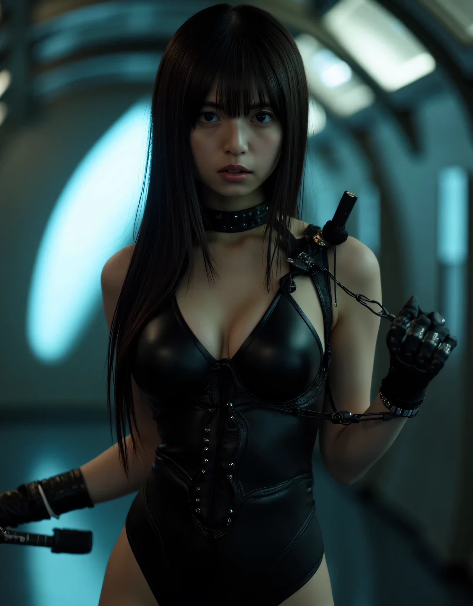 young with lasergame armor  and phaser gun, in the center looking frontally in an attack position, in the background a dark lasergame room looks frontally at the camera