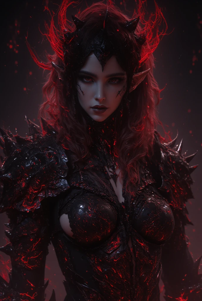 Realistic Beautyfull evil demonic sexy demented devil women,beautiful seductive facial expression,gorgeous facial features, highly detailed red skin, large curled devil horns, realistic long luscious hair, think curved jet black eyebrows, long luscious eyelashes, thick black eyeliner, jet black eye shadow, thick jet black lipstick,large hyper realistic detailed red eye, thin detailed little nose, high cheek bones, Cleft chin, small areolas, small perky darkred nipples, large voluptuous curved breasts, elegant figure, seductive hips, demonic devil outfit, large detailed demon wings, ((complete full body))