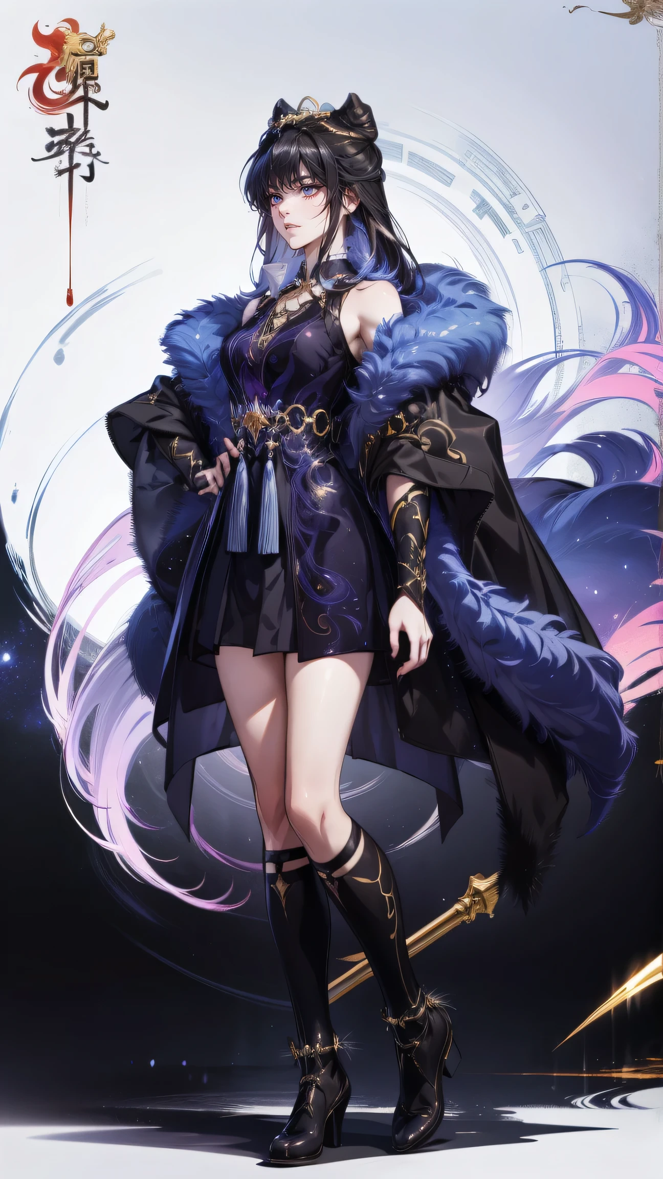 Masterpiece , best quality, 1 Xiao Wu , Face Color Looks Cool , Strong, Golden Left Eye , Red Right Eye , Long hair, Black hair, Firm Eyes , Simple Uniform , Black Long Earrings , Chinese Morden Hybrid , Front Photo , simple background, purple Background , Anime, illustration, Full body , bun hair , black fluffy animal coat on shoulders , tiny girl , full body , golden dragon spear , character sheet