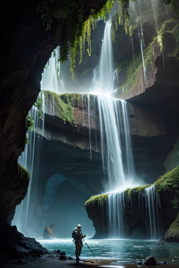 a vast underground world, featuring glowing bioluminescent fungi and mysterious crystalline formations. A lone adventurer stands in the center of the scene, wearing a rugged explorer outfit with a lantern in hand. The character has short brown hair, piercing green eyes, and a curious expression. Surrounding the adventurer are ancient ruins partially buried in the rocky terrain, with intricate carvings resembling an unknown language.
The underground cavern is illuminated by soft blue and green lights emitted from the glowing fungi and crystals. The background features a cascading underground waterfall flowing into a shimmering pool. The perspective is dynamic, with a slightly low angle to emphasize the grandeur of the cavern and the towering stalactites hanging from the ceiling.
cinematic lighting with soft shadows; volumetric light rays streaming through cracks in the cavern ceiling; glowing effects on fungi and crystals; subtle mist around the waterfall for added atmosphere.Fantasy art style with a touch of realism; inspired by works of Jean-Baptiste Monge and Chris Berens; ethereal and magical atmosphere