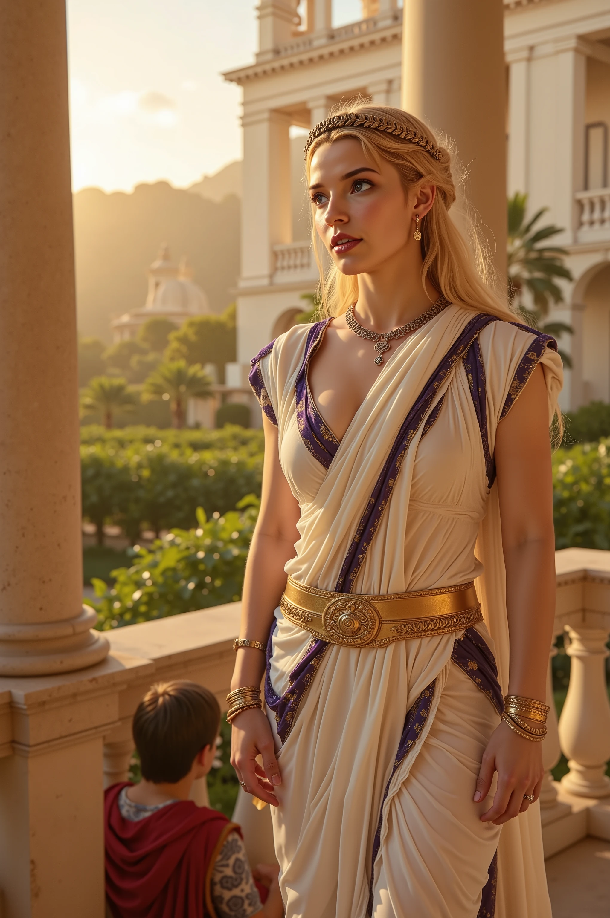   quality, silent:

 photorealistic,  highly detailed, warm colors,  historically accurate .
Scene,  background:

 A magnificent Roman country estate with vineyards , Olivenhainen und einem Herrenhaus im klassischen römischen silent. Die Sonne geht unter und taucht die Scene in goldenes Licht.
Figure, Styling:

A young Roman patrician Anya, proud and elegant ,  in a white tunic with purple details , low neckline,  A golden belt and fine jewelry .  she wears a laurel wreath as a sign of her victory and a sword at her side.
Pose, Mood:

 She is standing on a terrace ,  looks at her estate with satisfaction , While a prisoner of war kneels before her in chains. Die Mood ist triumphierend und friedlich.
 Avoiding unwanted elements :

 No modern elements ,  no unrealistic details .