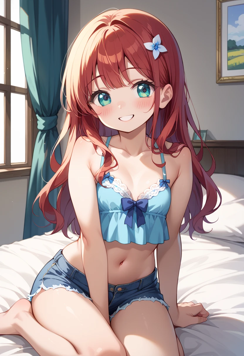 A beautiful girl in camisole sexy panties, anime girl, housewife, inside the room, inside the house, a window nearby, big rounds breasts, (light blue sleeveless camisole, light blue panties with white heart print, panties with a little pink bow in the middle), dark brown hair, bangs, long hair, wavy hair, hair one side up, expressive hair, shiny hair, hairclip, aqua eyes, (gradient eyes:1.3), glowing eyes, pupils sparkling, blush, bright pupils, grin, open mouth, (grin:1.3), forehead, cute face, finger to mouth, anime, high detail, anime style, depth of field, dithering, chiaroscuro, image fill, three sided view, panorama, perspective, photography, lens flare, Wide-Angle, f/1.8, 85mm, Nikon, 40k, super detail, UHD, retina, masterpiece, accurate, anatomically correct, textured skin, highres, best quality