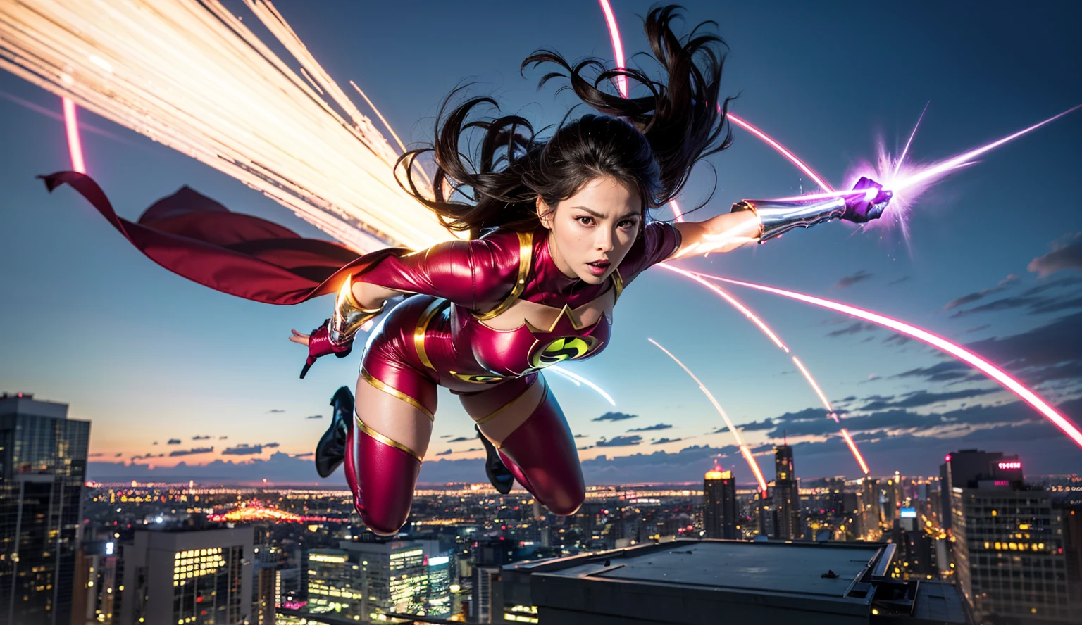 1 girl , hero , (superhero costumes) , reception , view of high-rise buildings , (Female superhero flying in the air) , There were flashes of lightning all around her , (revealing outfits) , fullbody , she can fly