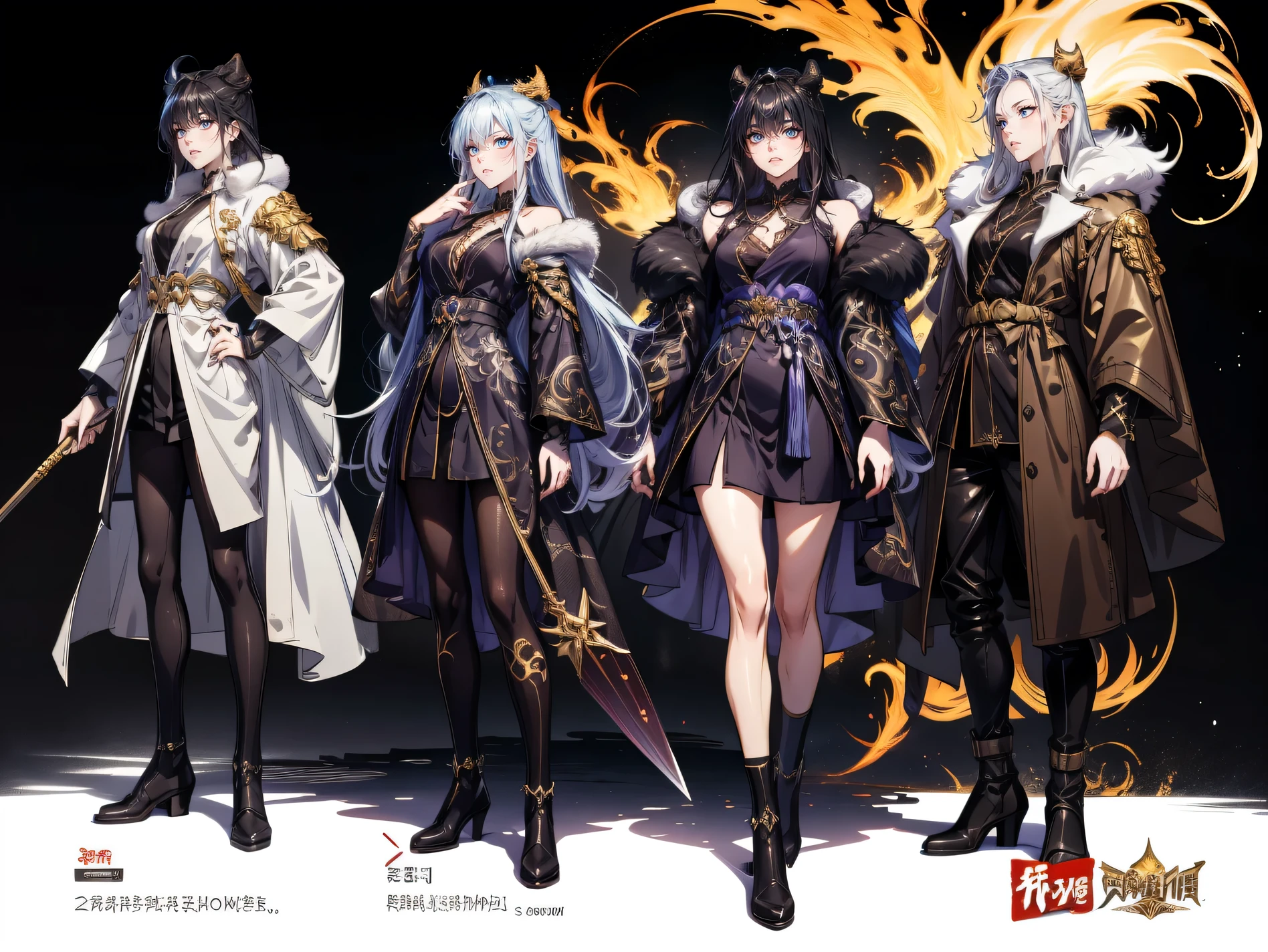  Masterpiece , best quality,  1 Xiao Wu ,  Face Color Looks Cool ,  Strong, Golden Left Eye , Red Right Eye , Long hair, Black hair,  Firm Eyes ,  Simple Uniform ,  Black Long Earrings ,  Chinese Morden Hybrid ,  Front Photo ,  simple background,  purple Background , Anime, illustration, Full body , bun hair , black fluffy animal coat on shoulders ,  girl , full body , golden dragon spear , character sheet