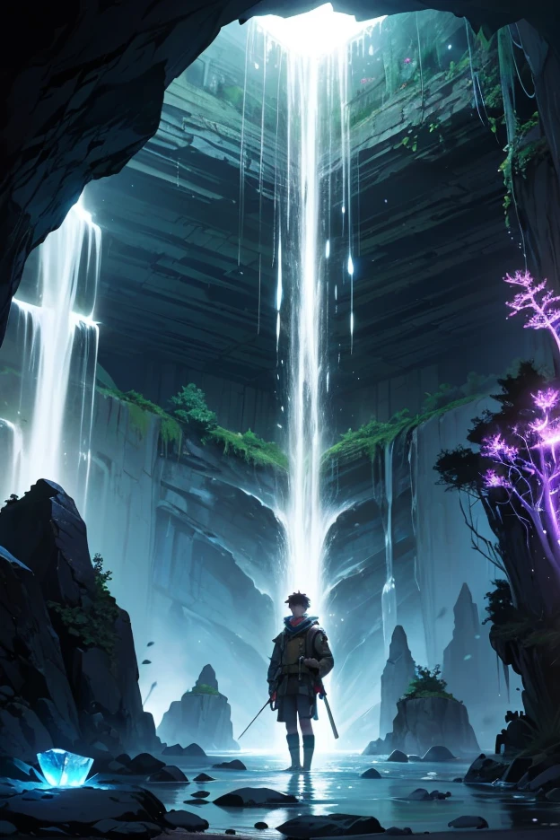 a vast underground world, featuring glowing bioluminescent fungi and mysterious crystalline formations. A lone adventurer stands in the center of the scene, wearing a rugged explorer outfit with a lantern in hand. The character has short brown hair, piercing green eyes, and a curious expression. Surrounding the adventurer are ancient ruins partially buried in the rocky terrain, with intricate carvings resembling an unknown language.
The underground cavern is illuminated by soft blue and green lights emitted from the glowing fungi and crystals. The background features a cascading underground waterfall flowing into a shimmering pool. The perspective is dynamic, with a slightly low angle to emphasize the grandeur of the cavern and the towering stalactites hanging from the ceiling.
cinematic lighting with soft shadows; volumetric light rays streaming through cracks in the cavern ceiling; glowing effects on fungi and crystals; subtle mist around the waterfall for added atmosphere.