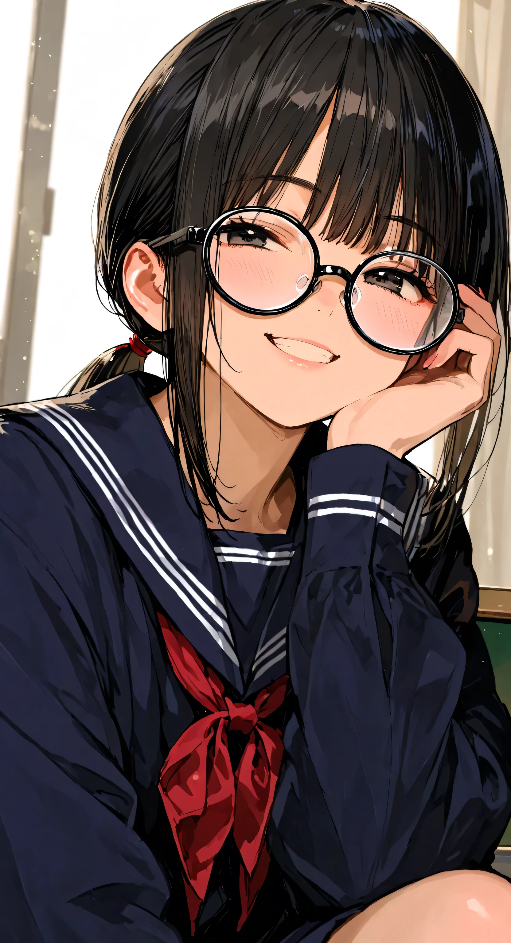 Oversized glasses, ponytail, black hair, school uniform, grin