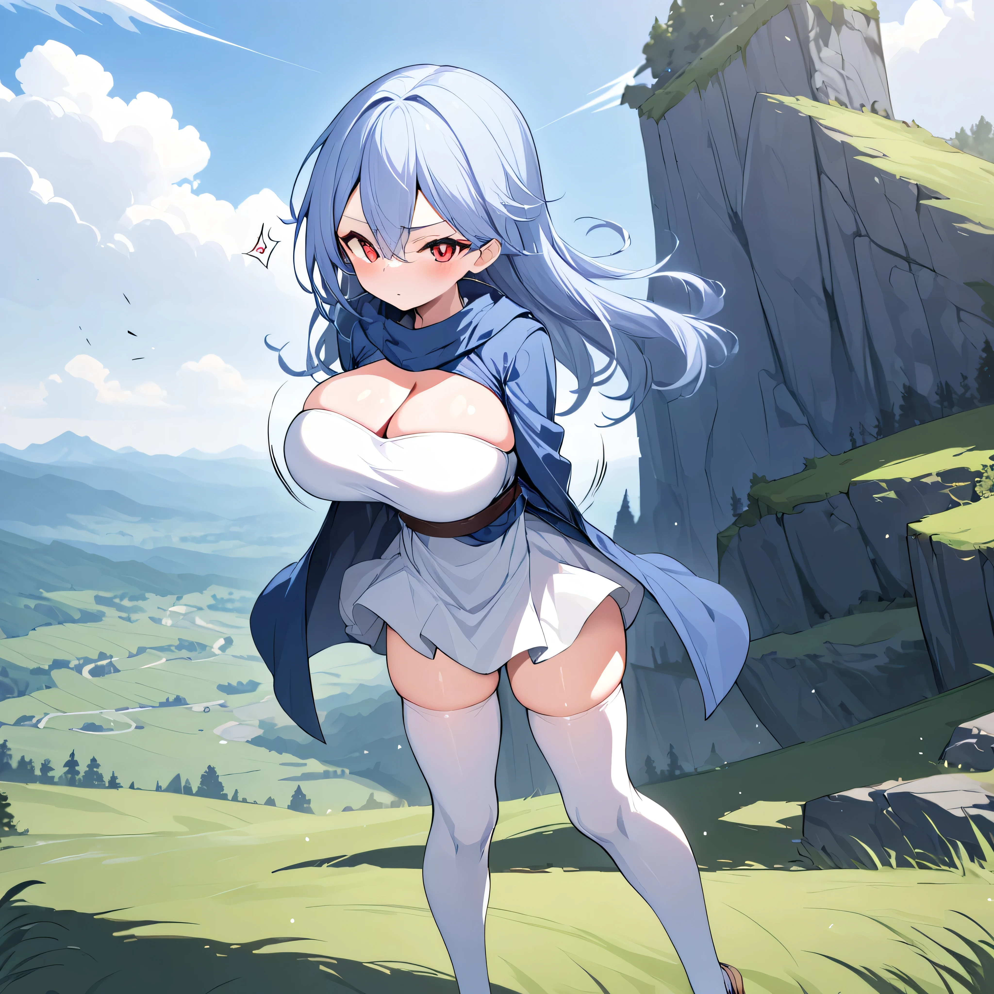masterpiece, landscape, fantasy, sage(dq3), longtorso_v0.63_pony, eyebugs_f, BREAK, solo, 1 skinny girl standing, ite girl, arched back, (bouncing huge breasts:1.3), tiptoe, pigeon toed, looking at viewer, expressionless, BREAK, narrow shoulders, (bursting huge breasts), (too short torso), (too short waist), too narrow waist, very small stomach, skinny hip, skinny thighs, skinny legs, BREAK, flapping blue mantle, (flapping white very short dress:1.2), dress cinches underbust, cleavage, thigh gap, thighhighs, long arm covers, BREAK, orgasm