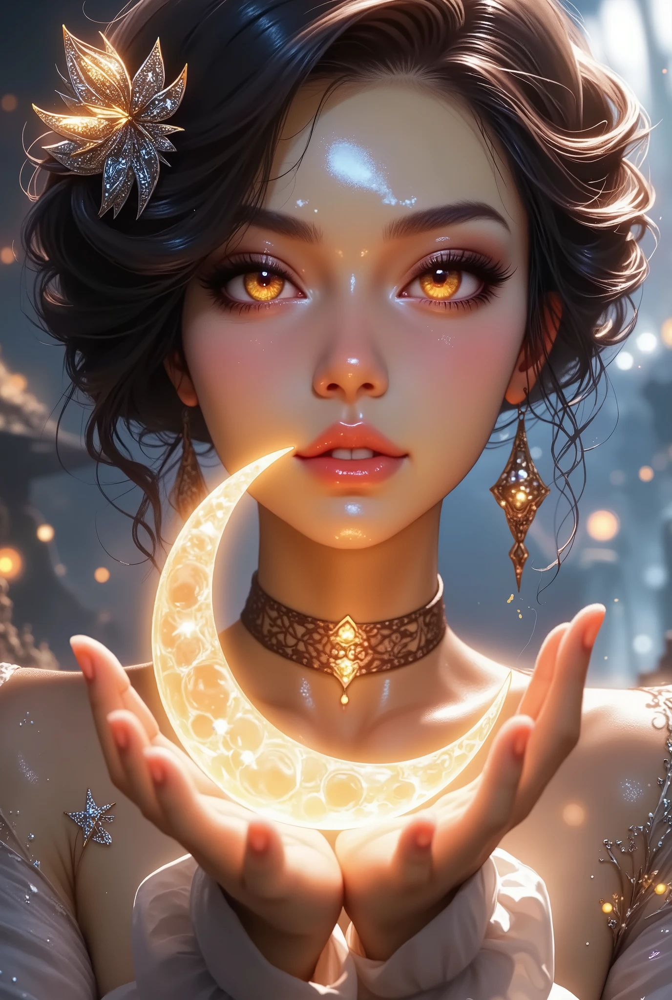  Beautiful Girl in Beautiful Makeup with beautiful wavy curvy hair and a beautiful Fantasy hair clip, Holds the Moon darkened in a crescent moon in her hand which gives off a beautiful glow that is reflected in her beautiful eyes, ((8 k,  Best quality ,  a maximum of details )),  Beautiful painting , wallpaper,  complicated details,  great quality ,  high definition,  in detail, Exactly, Fantasy, magic,