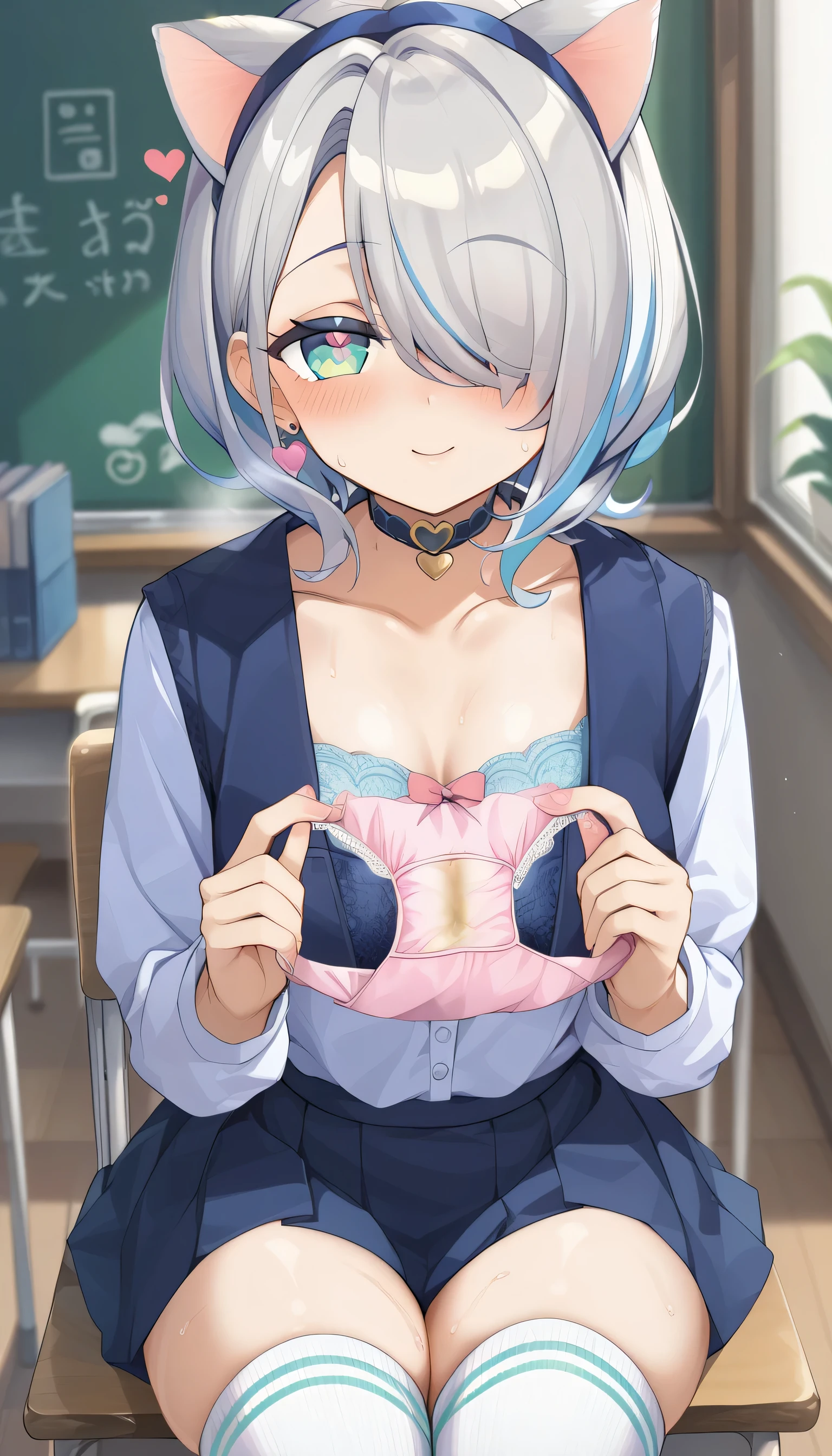 best quality、masterpiece、 front view、looking at viewer、nsfw、sweat、(((vapor)))、(( heart))、Hair over eyes、 Silver Hair、( very big thighs )、 very big butt、pussy、heart shaped eyes、 short hair、Cat ears、 shy、羞恥、 thigh high socks、((holding panties)), unworn panties、present Panties、(half closed eyes)、classroom