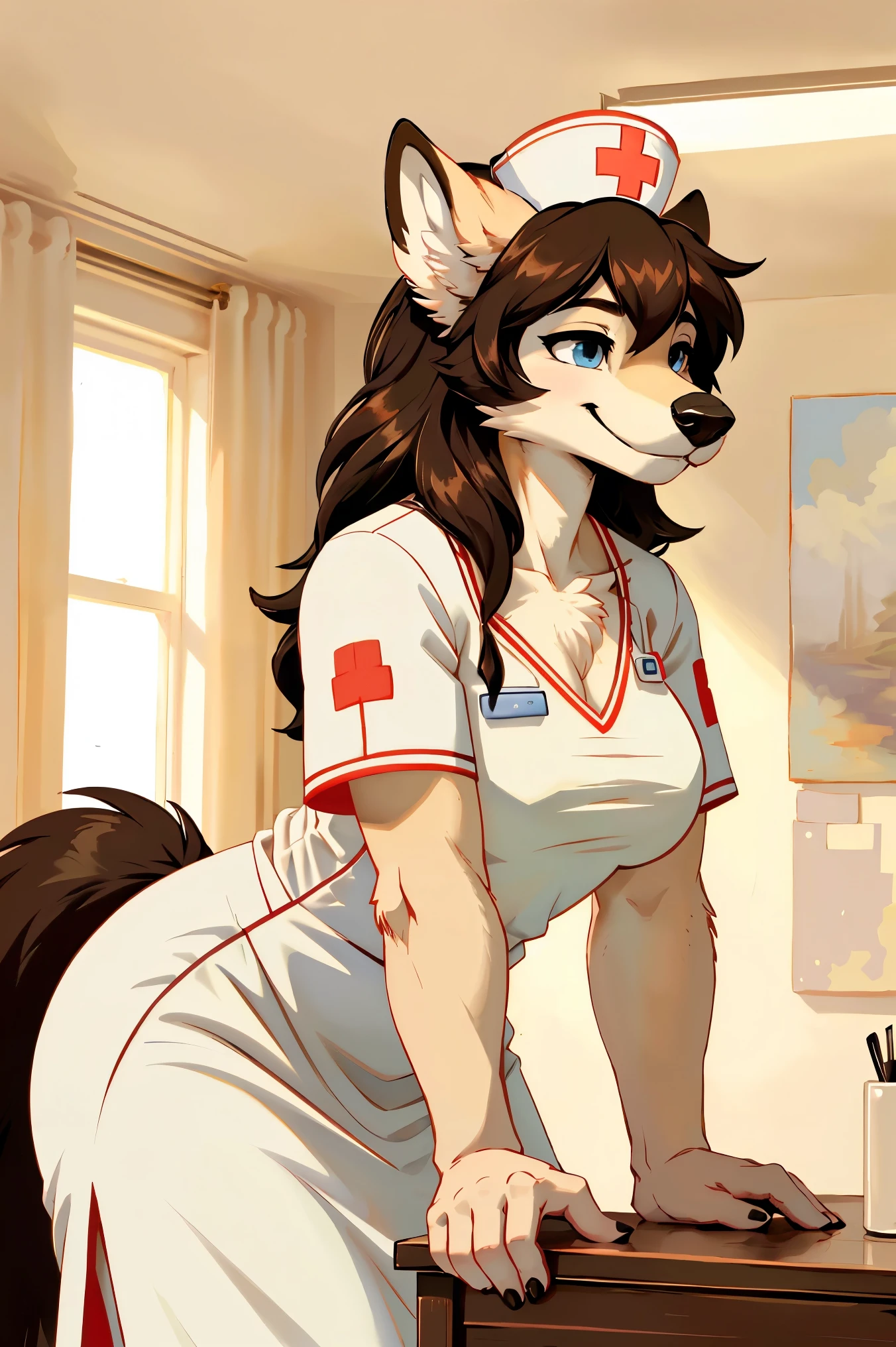 by buta99, by chelodoy, by spikedmauler, by cervina7, solo, female, standing, ((hair, snout)), smiling, lips, big ass, eyelashes, eyeliner, big breasts, cleavage, long wavy brown hair, canine, light brown fur, chocolate labrador, domestic dog, pink clothes, pink eyes, sexy, brown hair, light brown hair, pastel background, kawaii clothes, kawaii shirt, kawaii skirt, skinny, skinny body, cute, sparkles, long wavy hair, strawberry, pink room, standing up, full body, nurse outfit, kawaii nurse, wearing nurse outfit, doctor, standing up, nurse outfit