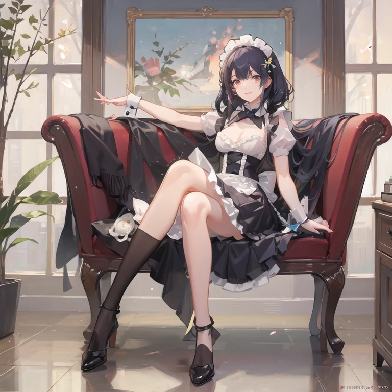 BREAK 1 girl, long hair, black hair, straight hair, short bangs above brows, blue eyes, expressionness, open mouth, looking at viewer,
BREAK (masterpiece), (high resolution 8K), cinematic lighting, professional lighting, detailed eyes and face, detailed body,
BREAK white shirt, blue bowtie, pleated skirt,
BREAK very wide, panorama view, sense of depth, shot from front,
BREAK horizontal view, gothic room, sittinng on the gothic sofa, black sofa, dark room, large clock, spooky, dark intense shadows, deep dark, gothic, black and white window, chessboard floor,