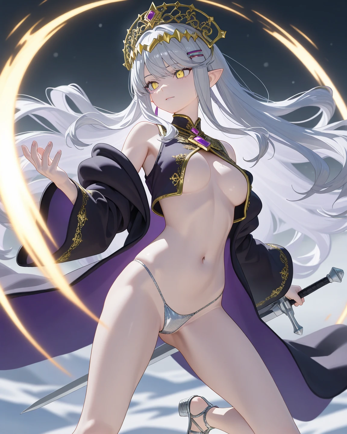 young girl, long gray hair, elf ears, Green eyes, smirk, tattoo, purple dress, Gold Elements, Sexy, Sleeveless, open breasts, flat chest, open belly, feet shoulder-width apart, hands behind head, Masterpiece, hiquality, 4k, HD, Good detail