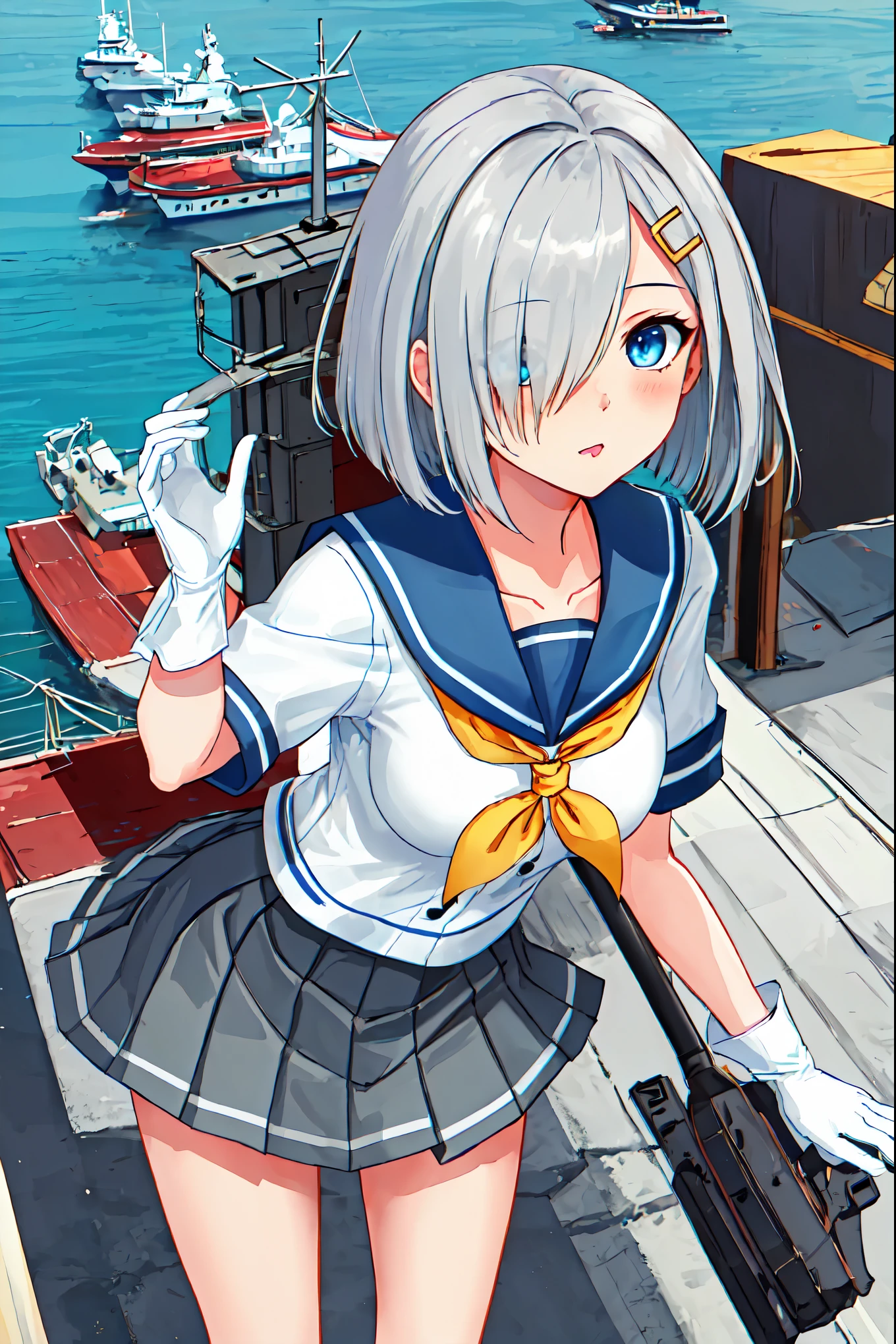 best quality, masterpiece, highres, solo, {hamakaze_kantaicollection:0.90}, 1girl, black_pantyhose, pleated_skirt, serafuku, short_sleeves, simple_background, white_background, yellow_neckerchief, white_gloves, looking_at_viewer, grey_skirt, blush, eyes_visible_through_hair, blue_sailor_collar, dynamic_posing,long_bangs,hair_over_one_eye,harbor_school_background,outdoor,