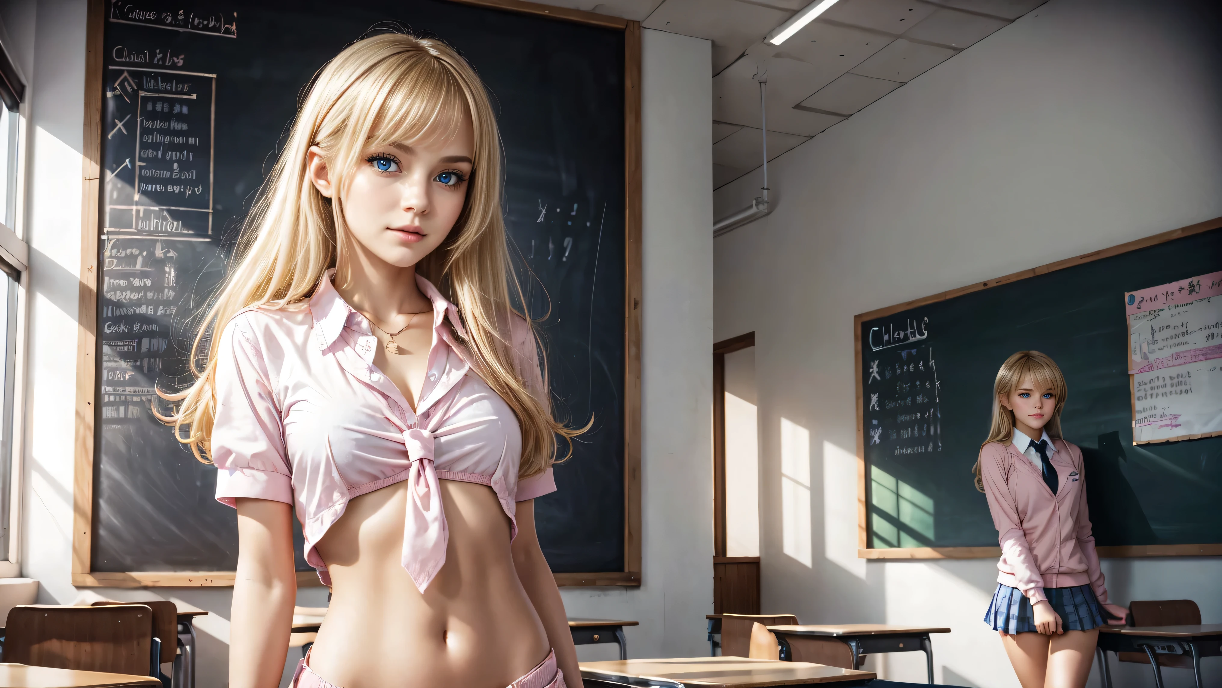 1girl, solo, single girl, young girl, Standing in a classroom, Cute blonde girl wearing revealing pink high-school uniform in classroom, sexy, petite, blue eyes, popular girl, standing in front of the chalkboard,