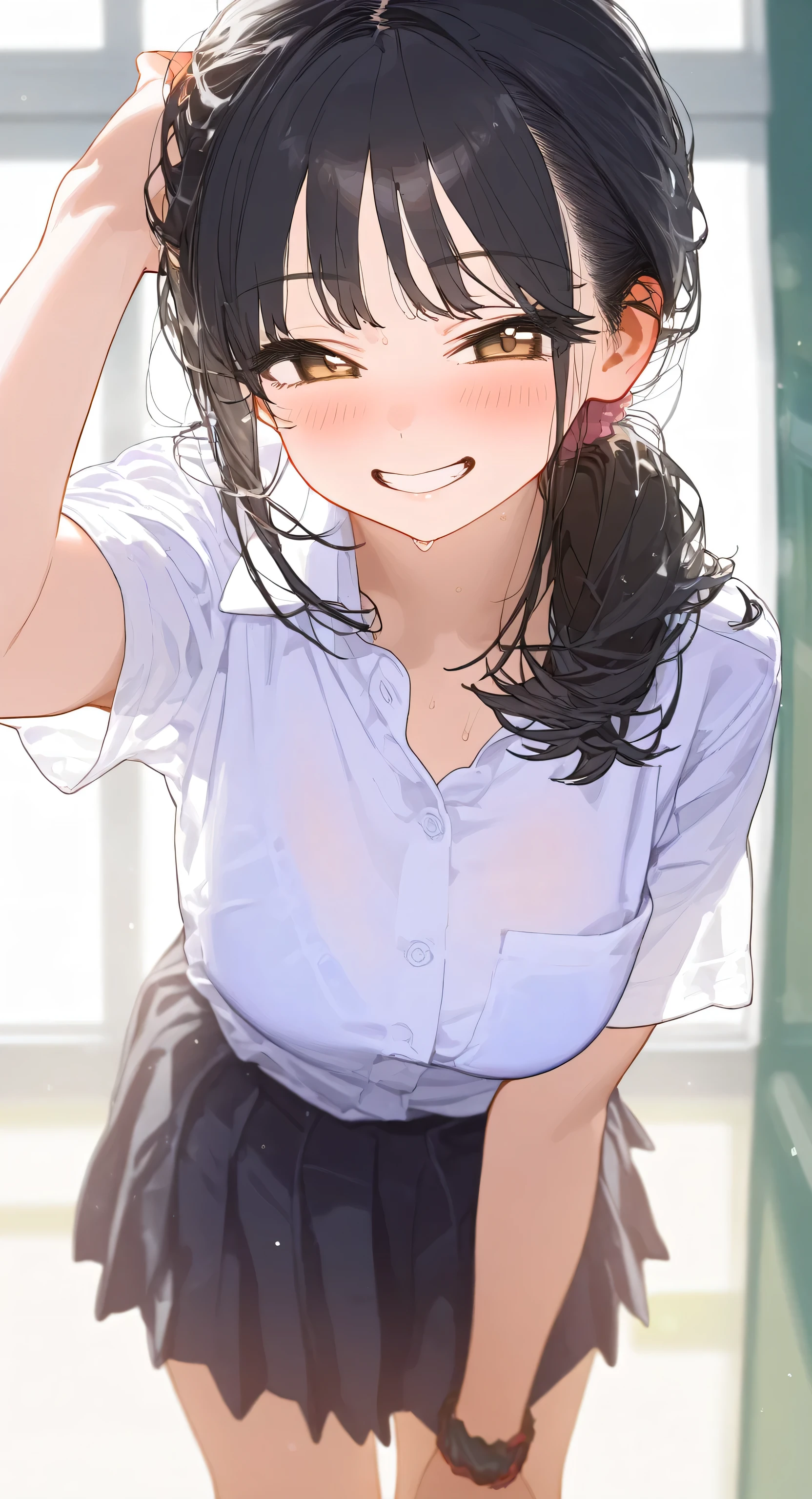 masterpiece,best quality, ultra high res,(beautiful woman:1.2),(beautiful Busty breasts:1),(happy:1.2),(enjoy:1.2), (dark hair:1), (short low ponytail:1.2), medium hair,a sexy mole around the mouth,wet lip, (burst into laughter:1.4), (squinting:1.4),(simple plain uniform:1.5),(gym uniform:1), school gym clothes,(plain:1.8),(wearing round neck white t-shirt:1.2), navy blue short Sweatpants , upper body shot