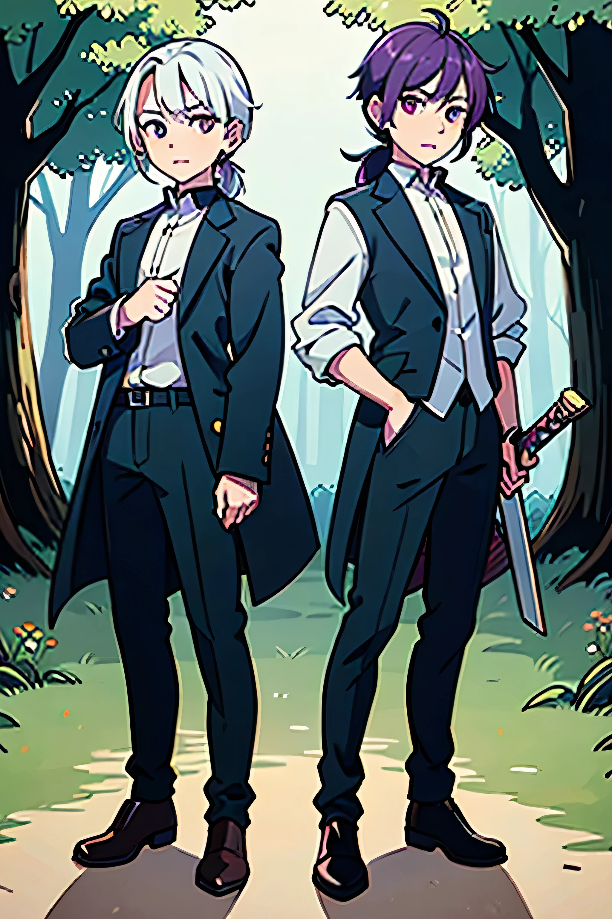 two twin boys, both with white hair tied up, one with orange eyes with a sword and the other with purple eyes holding a bow (full body and forest scene)
