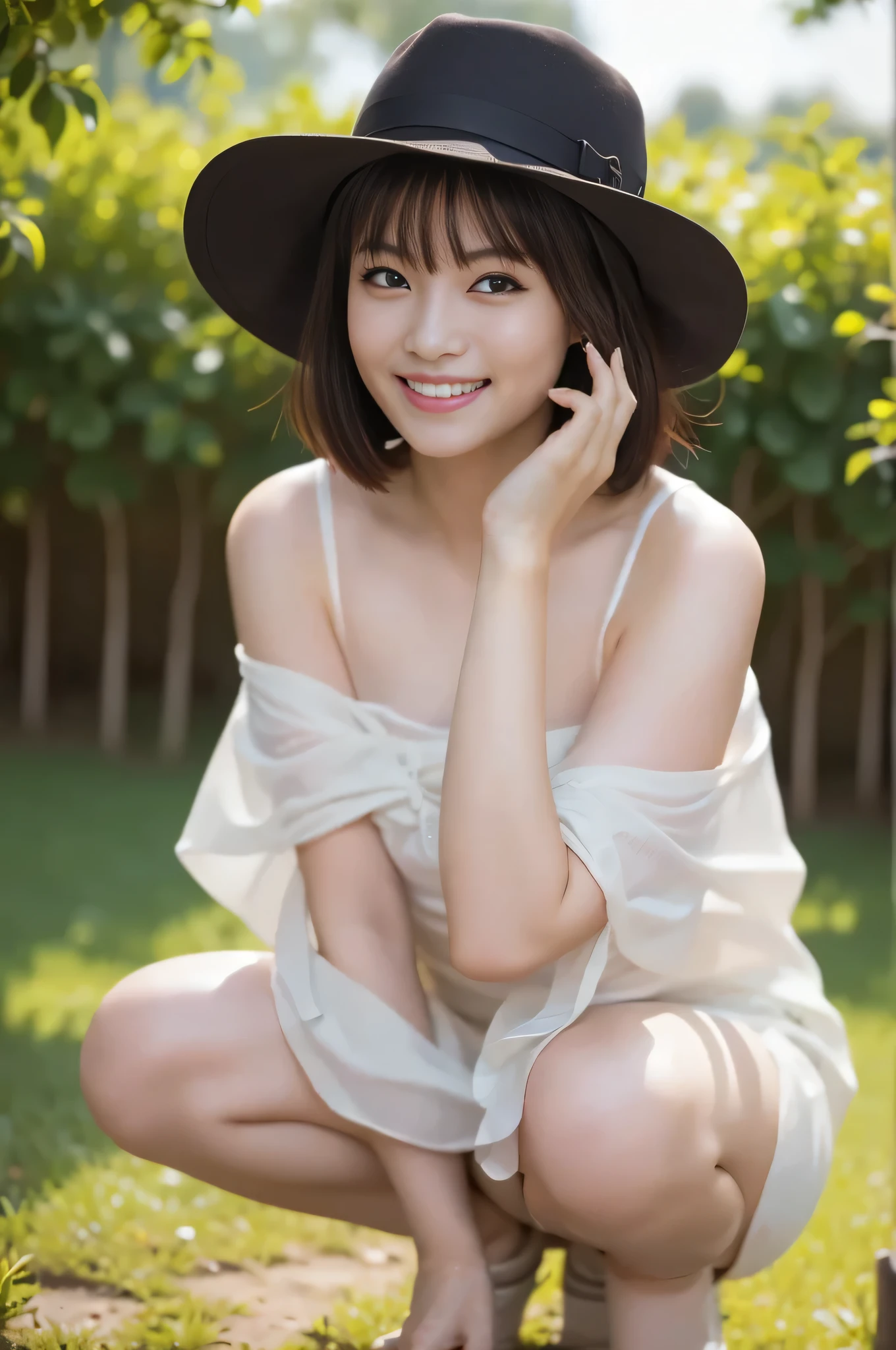 8k, {raw photo}, {best quality}, {masterpiece}, shooting, {photo shoot}, {clear}, {professional lighting}, {beautiful face}, {best quality}, {ultra high resolution}, {{(one girl: (double eye: mascara:): {{crouching, legs open, panties visible}},,(wearing hat and smiling at camera),,{double alset}}, stock photo, {{close up of hand, delicate fingers, manicured nails}}