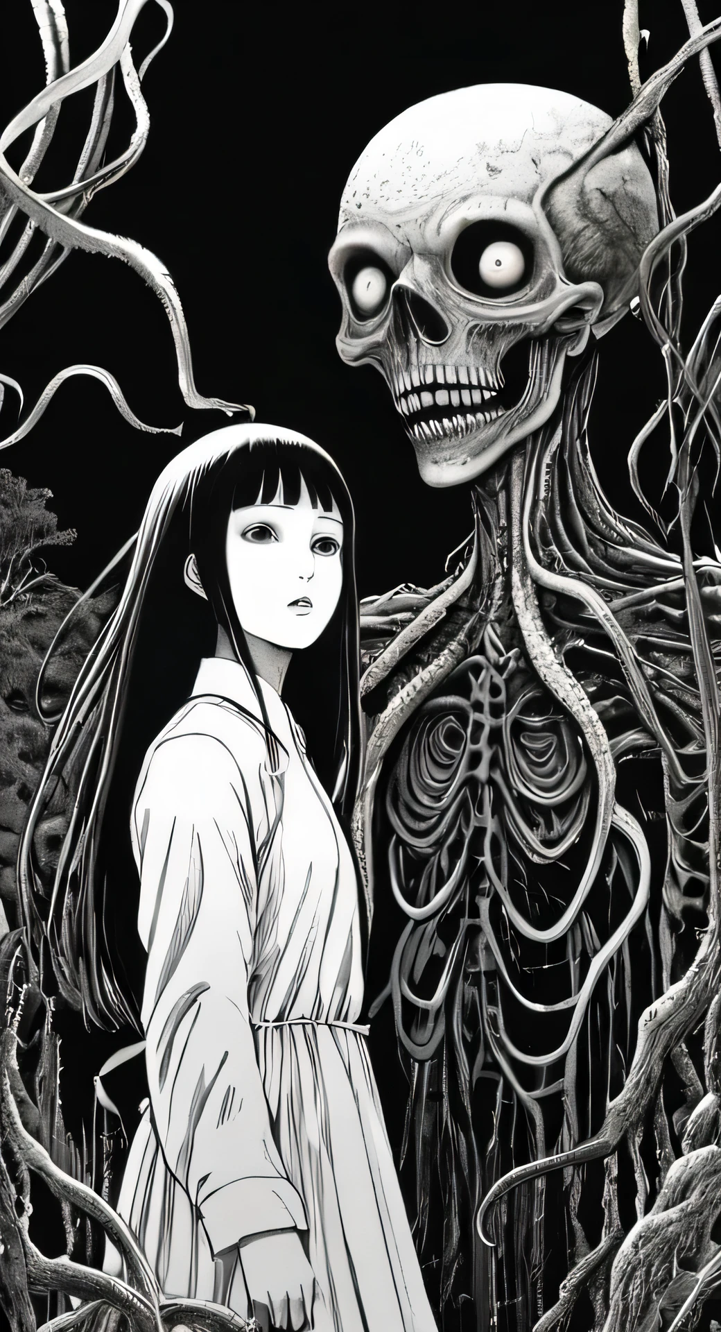  to life The Lovecraftian horror with horror theme of Junji Ito ,  Unprocessed digital photo ,  Washi Film , " The frost of  (80&#39;s style:0.65) ( handmade, animated:1.2) (chica:0.8) ,  analog VHS distortion ,  intricate linear details ,  vibrant colors", Hisui Sugiura ,  Intricate and vivid representation of Junji Ito's work in the form of film .  The artist's signature style is evident in everything , from the detailed linework and  vibrant colors to the subtle analogue VHS distortion.  The image captures a girl in her natural habitat ,  surrounded by intricate details that bring the scene .  The overall effect is a surprising representation of the vision unique by Ito .. Hisui Sugiura  Assistant ha hecho un excelente trabajo al capturar la esencia del trabajo de este artista icónico.  The image is a true masterpiece .  . mysterious,  cosmic horror, A stranger, mysterious, surreal,  highly detailed . mysterious,  creepy , dark, creepy, suspended, grim,  highly detailed