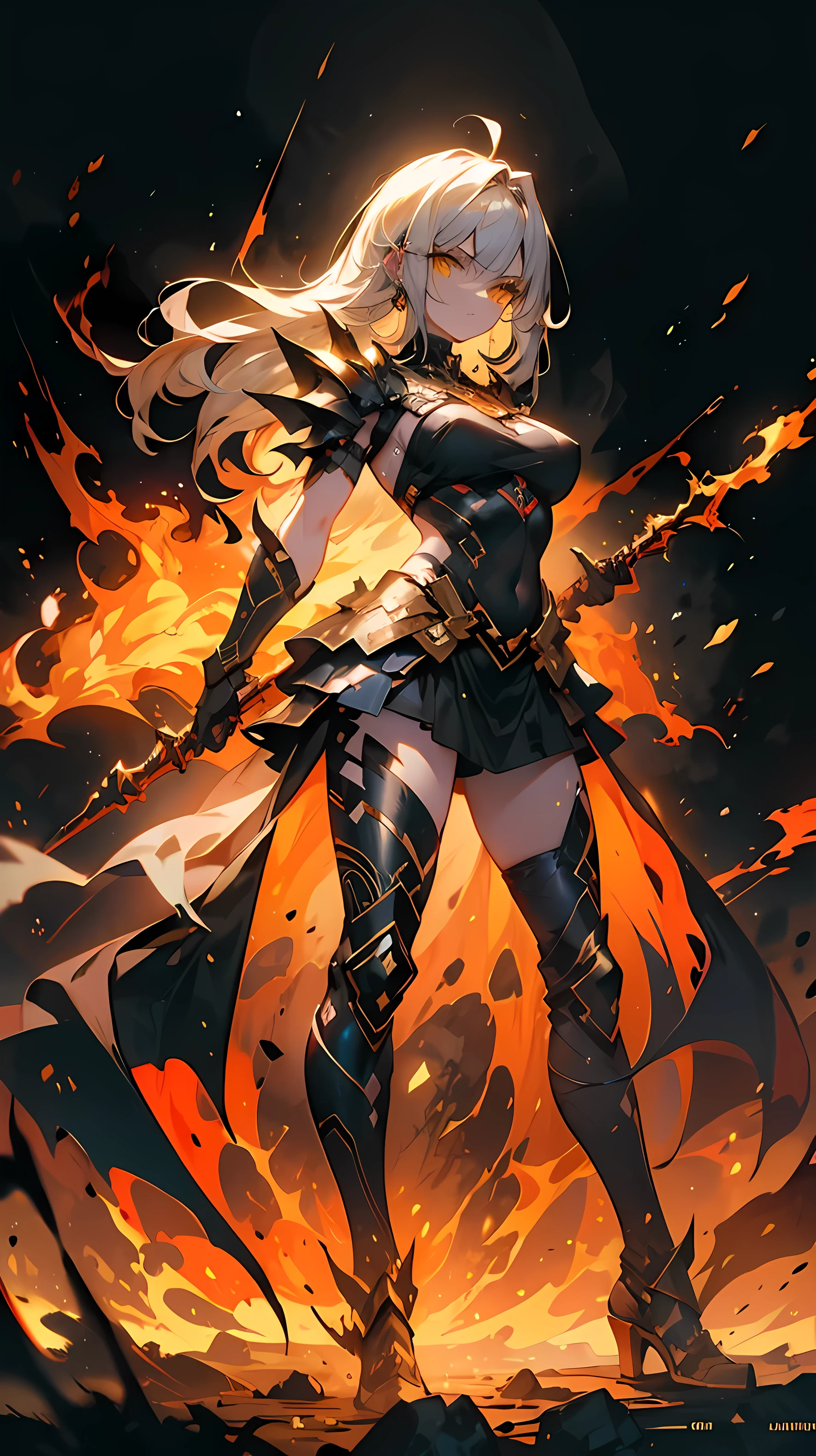 " A warrior with long white hair , messed up by the wind, and intense yellow eyes . Your body is strong and toned, but covered by an imposing stylized Spartan armor , black with gold details. She holds a flaming Spartan spear firmly on an ancient battlefield, surrounded by dust and blood splashes . Her determined and fierce expression reflects the intensity of the combat . warm lighting , dust particles in the air , Full body wide viewing angle. realistic style , 8k uhd, with cinematic grain ."