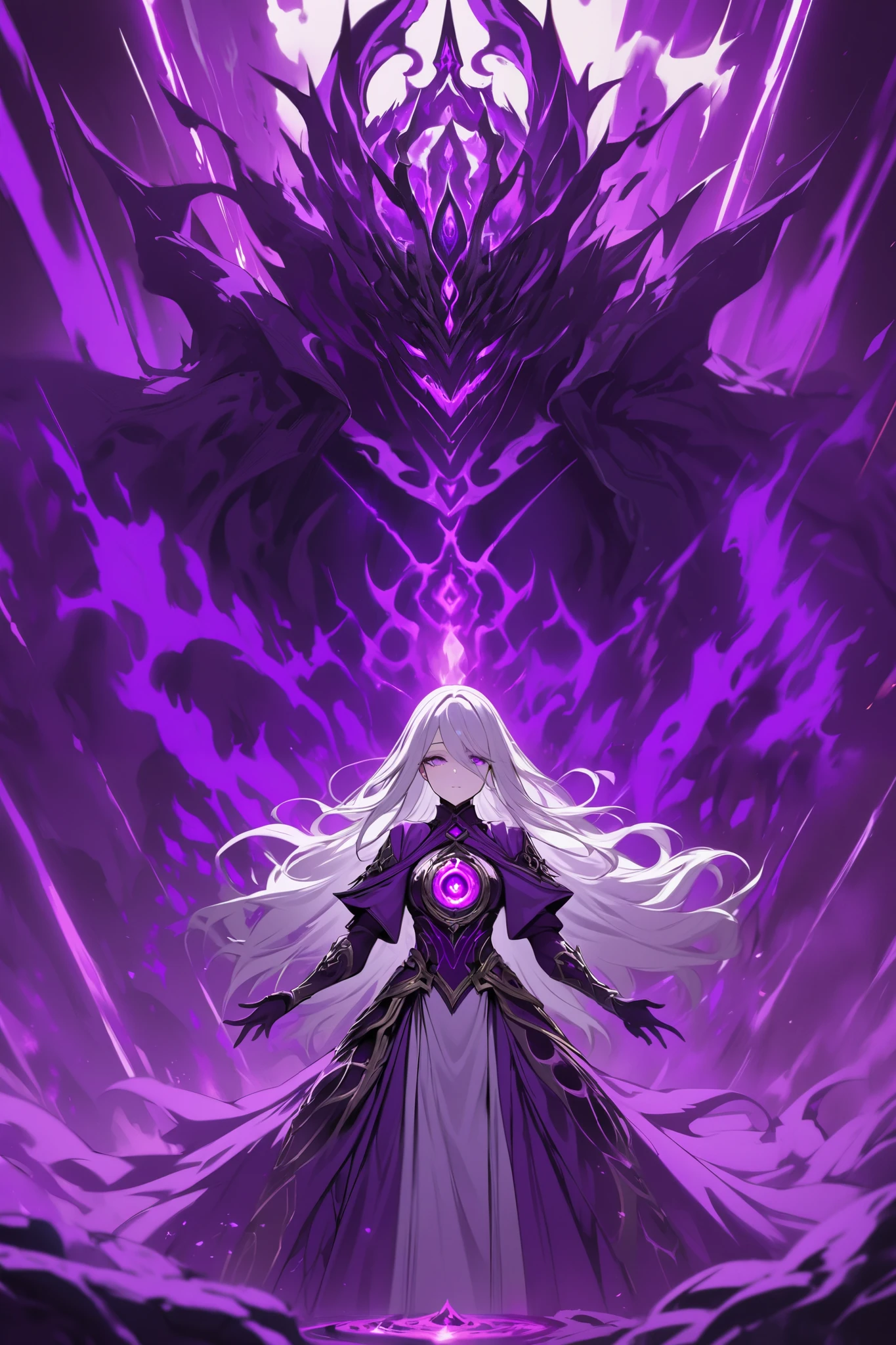 The Voidborn, white long haired woman with purple eyes, epic purple robes, best quality, purple background ( void ) , purple void eye behind her made of purple fire on top of the screen, better hands, better eyes