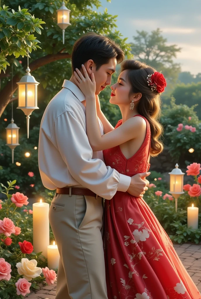 Sharing a romantic dance , Valentine's Day,一对情侣在迷人的garden中心跳浪漫的舞蹈. The scene is illuminated by floating candles and lanterns , projects a warm , softly. garden , From the delicate petals of flowers to the lush green leaves , The intricate details are presented in amazing 8K resolution . The couple, Lost in your arms , radiates a deep sense of love and connection . The atmosphere is full of magical and dreamy quality , The surrounding environment is enhanced by soft light and serene beauty .
