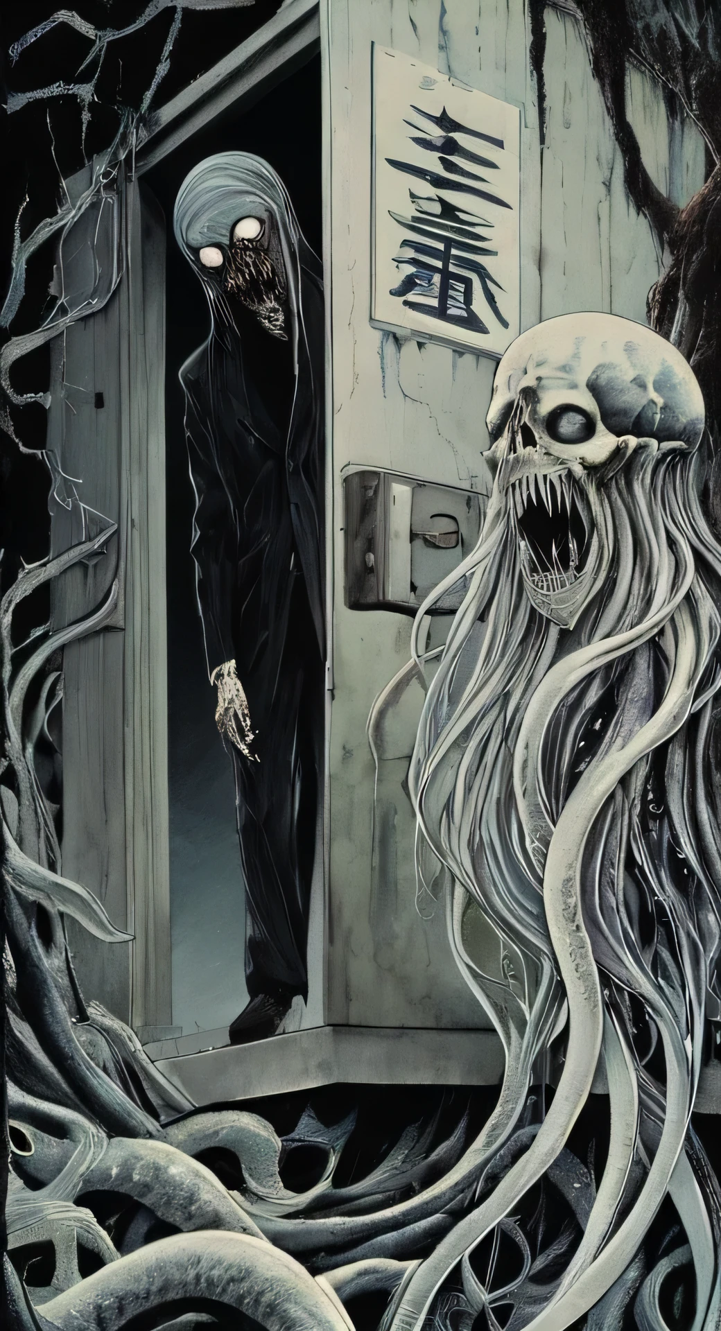 to life The Lovecraftian horror with horror theme of Junji Ito , Unprocessed digital photo , Washi Film , " The frost of (80's style:0.65) ( handmade, animated:1.2) (chica:0.8) , analog VHS distortion , intricate linear details , vibrant colors", Hisui Sugiura , Intricate and vivid representation of Junji Ito's work in the form of film . The artist's signature style is evident in everything , from the detailed linework and vibrant colors to the subtle analogue VHS distortion. The image captures a girl in her natural habitat , surrounded by intricate details that bring the scene . The overall effect is a surprising representation of the vision unique by Ito .. Hisui Sugiura Assistant ha hecho un excelente trabajo al capturar la esencia del trabajo de este artista icónico. The image is a true masterpiece . . mysterious, cosmic horror, A stranger, mysterious, surreal, highly detailed . mysterious, creepy , dark, creepy, suspended, grim, highly detailed