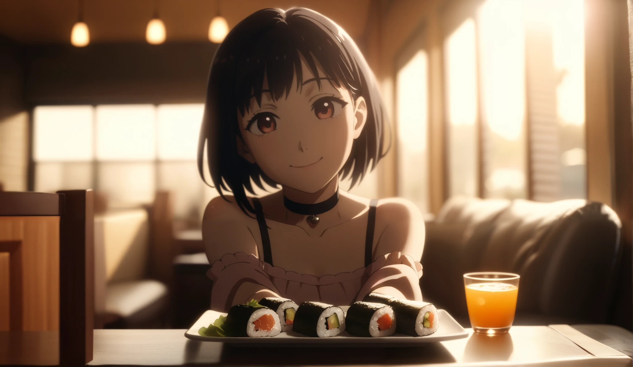 anime art style,amazing quality,masterpiece,best quality,awesome,inspiring,cinematic composition,soft shadows,Film grain,shallow depth of field,highly detailed,high budget,cinemascope,epic,color graded cinematic,atmospheric lighting,imperfections,natural,shallow dof,
1girl,solo,restaurant,day,indoors,window,couch,sitting,on couch,behind table,looking at viewer,sushi,plate,smile,reaching towards viewer,pov,off-shouder shirt,(frills:1.1),bare shoulder,black choker, the girl is smiling,