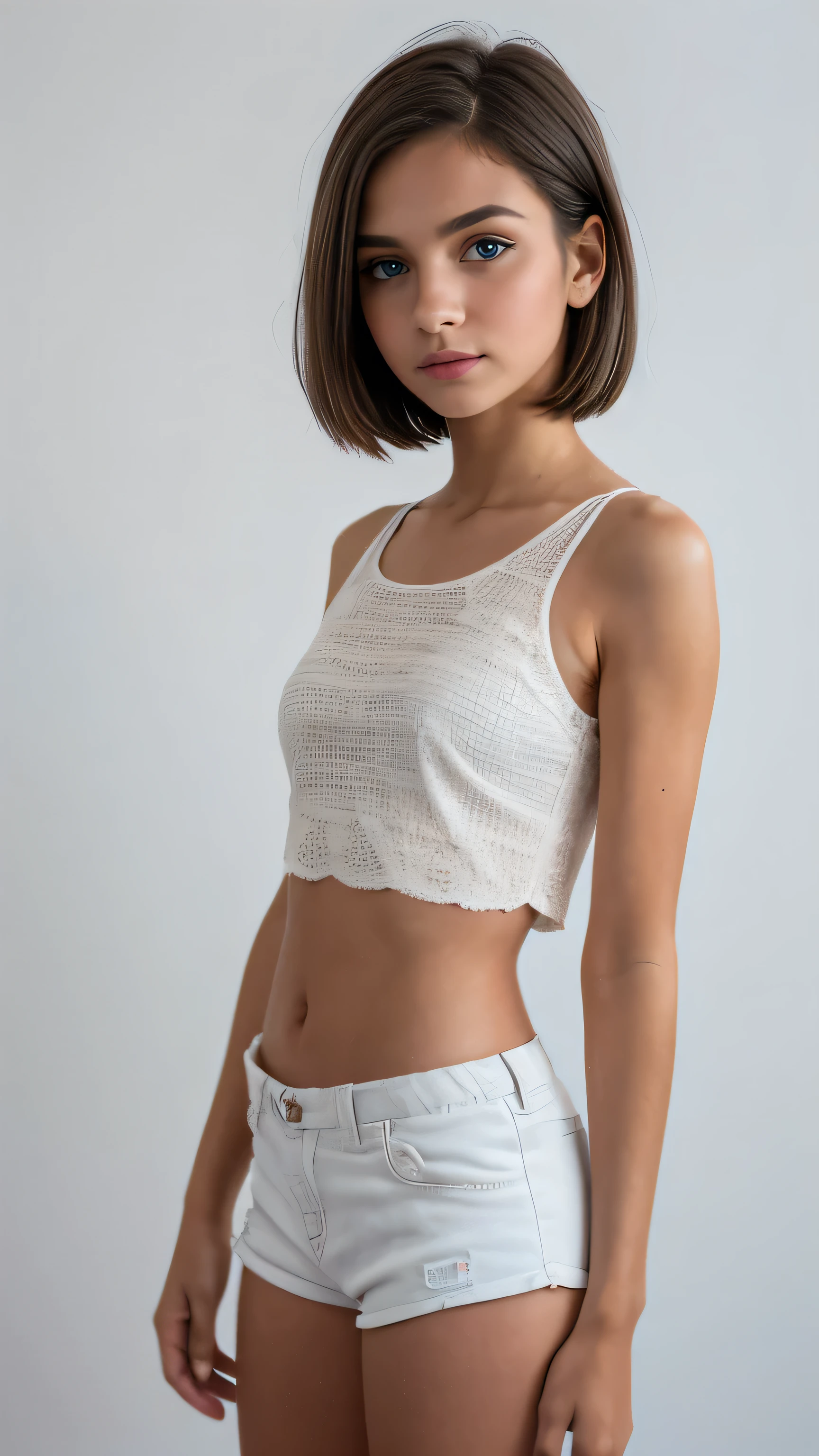 A cute tween fashion model (1.2), close-up shot, natural lighting (0.5), tomboy style, slim body, short light brown hair, fair complexion, thin lips, small breast (1.2), wearing a white cotton crop top and tiny shorts, standing against a grey background. 8K UHD, 35mm lens, f/1.8 aperture, Canon camera, best quality (1.3), masterpiece, vibrant colors, professional photography, textured skin, hyper-realistic details