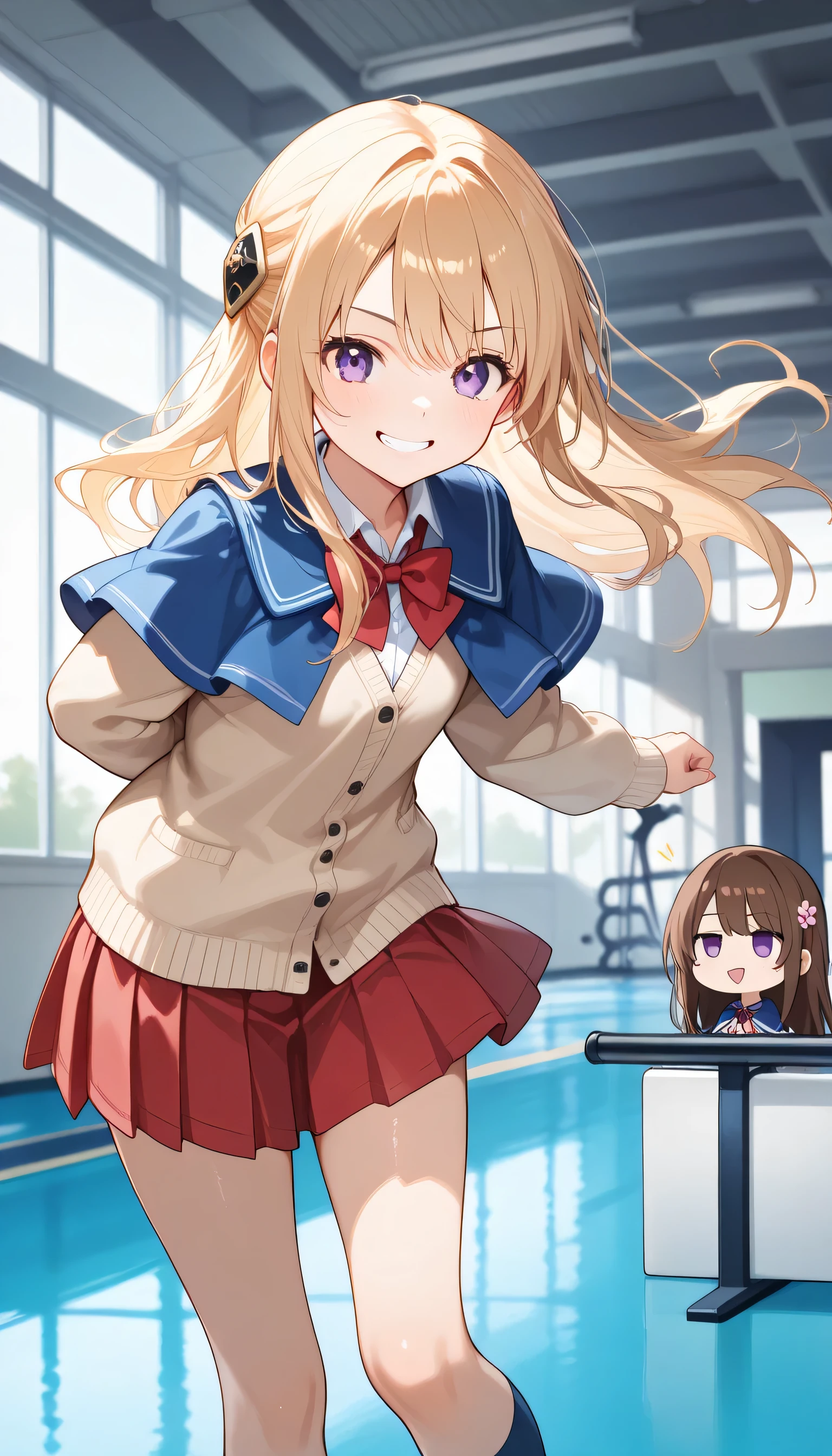 ( A girl of a cute age , petite body), female 1 person, ( Beautiful high school students , long hair、 purple eyes、 、bangs、 hair ornament、 blond hair、 have very long hair、Floating hair、 brown hair at the gym, blue capelet , Small face, beautiful skin, Grinning face, mouth), beautiful shining eyes, glossy lips , very well detailed目と顔, ( school uniform , shirt, bright red bow tie , beige cardigan , red pleated skirt), Quiet, light shines in the water ,( top quality :1.2, very well detailed, highly detailed CG illustration , soft focus , Masterpiece:1.2, Best Aesthetics ), perfect face, perfect hands, perfect leg , perfect fingertips ,