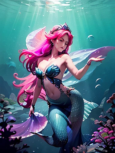 a high-tech mermaid spaceship, a crew of beautiful merpeople, coral and kelp accents, ultra-detailed, hyper realistic, 8k, photorealistic, dynamic lighting, dramatic lighting, cinematic, volumetric fog, glowing bioluminescent elements, intricate mechanical details, advanced holographic interfaces, seamless integration of organic and inorganic elements, ethereal and otherworldly atmosphere, vibrant colors, deep ocean tones, shimmering scales, graceful mermaid figures, flowing hair and fins, serene and awe-inspiring a beautiful mermaid princess, (malaysian, age 25, busty, broad hips, ornate hair, sea creature bikini, long colorful hair, big eyes, very fishlike below the waist) the princess is in a power position next to the captain of the ship