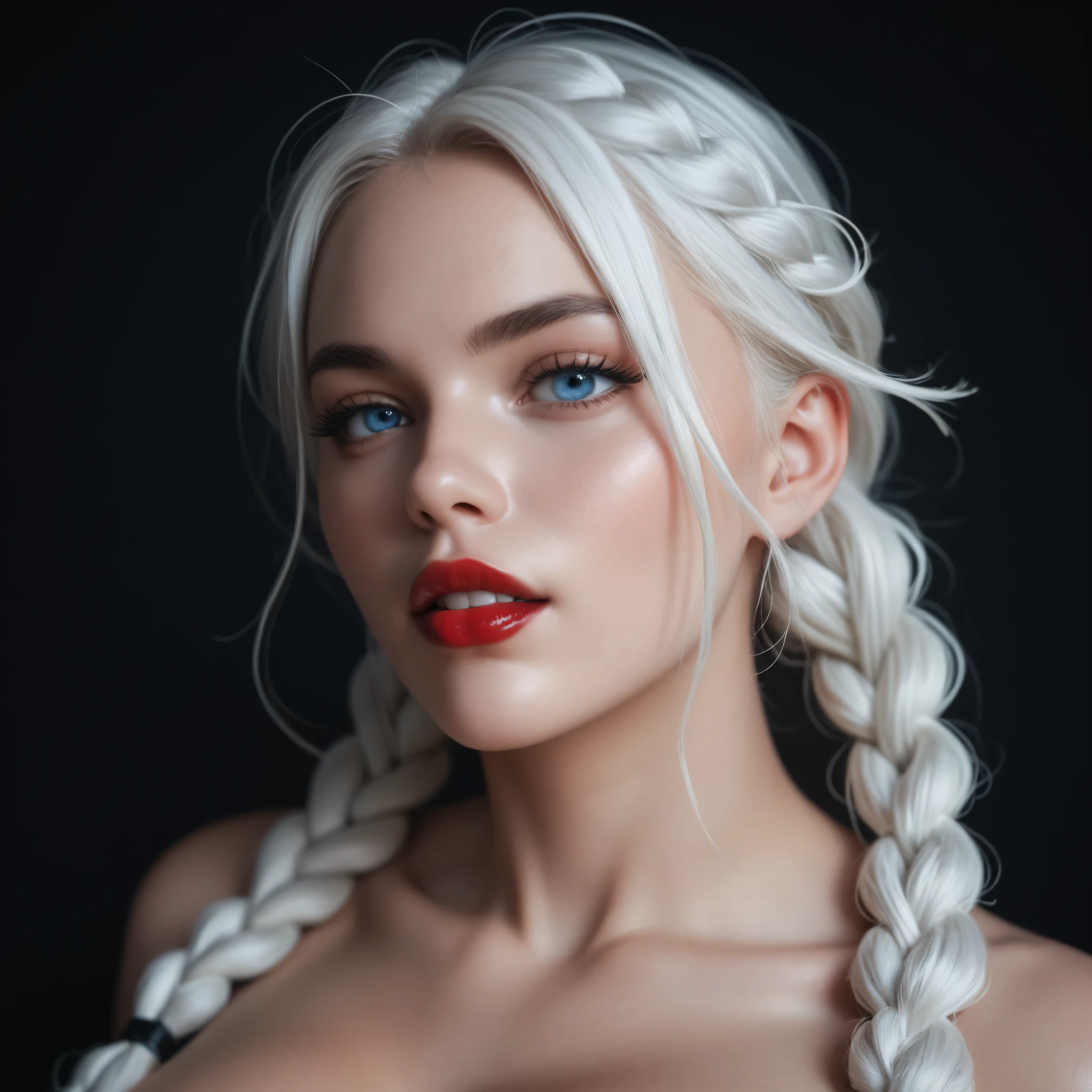 1 woman, inside a city at night, wearing a dark blue dress with a high collar and long puffy sleeves, (feminine dark blue eyes), detailed fair skin, white hair tied in a thick braid that falls in front of her face, large breasts, dramatic lighting, cinematic composition, dark palette, dark colors, atmospheric haze, thin chin, sarcastic laughing face, serious face, beautiful woman, adult woman, ultra realistic, adult woman (best quality, 4K, 8K, high resolution, art : 1.2), ultra detailed (realistic, photorealistic, photorealistic : 1.37)(((a woman with white hair tied in a thick braid that falls in front of her face 1.7)))(((very beautiful))), perfect face, dark and cool palette, 8K, bright red lips, extremely detailed, (high quality, realistic, photorealistic : 1.37), ideal proportions and detailed skin and defined and meticulously crafted features, unapproachable beauty, perfection, art, vivid realism, hyper-detailed sculpting, realistic shapes, truly awe-inspiring, impeccable craftsmanship, serious facial expression, pure brilliance, ethereal beauty, delicate contours, striking poses, sublime beauty, subtle nuances, dynamic compositions, vibrant colors, perfect lighting, moving expressions, celestial aura, majestic presence, dreamlike atmosphere, unmatched high level of detail, high-octane rendering in artstation, 8k art photography, photorealistic concept art, volumetric cinematic soft natural light, chiaroscuro, f