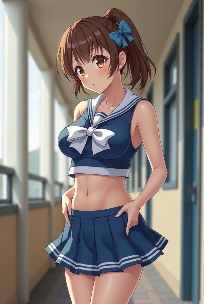 Highest quality, masterpiece, High resolution, alone, {inazuma_Kantai Collection}, brown_hair, Folded_ponytail, brown_eye, length_hair, Open_mouth, smile, School_uniform,skirt,Pleats_skirt,((Flat Chest, Small breasts)),navel,  (White panties), (In underwear), (lingerie), (Outdoor), (skirtリフト),((nsfw)), Wet clothes, ((Panty shot))