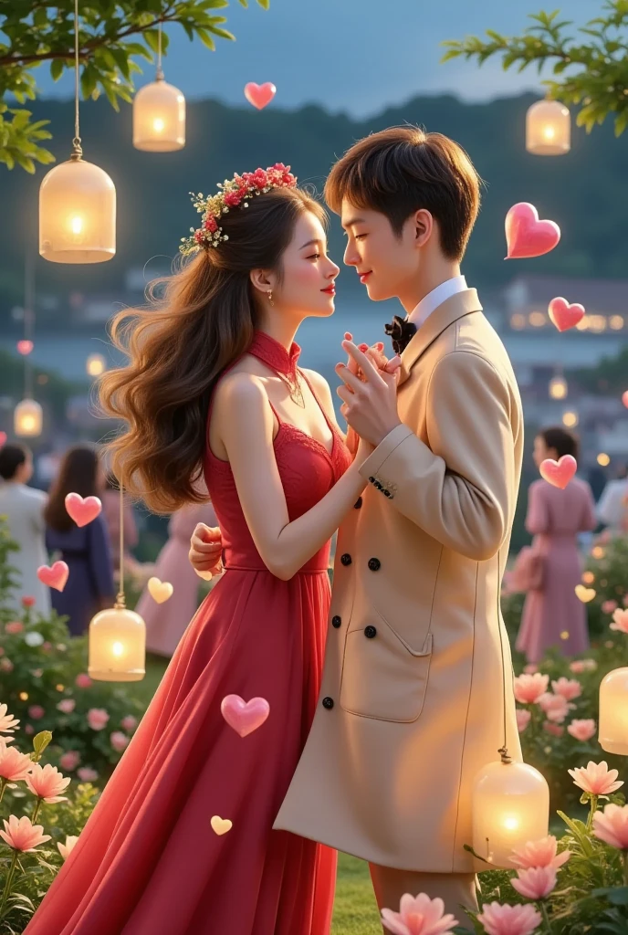 Sharing a romantic dance , Valentine's Day,一对情侣在迷人的garden中心跳浪漫的舞蹈. The scene is illuminated by floating candles and lanterns , projects a warm , softly. garden , From the delicate petals of flowers to the lush green leaves , The intricate details are presented in amazing 8K resolution . The couple, Lost in your arms , radiates a deep sense of love and connection . The atmosphere is full of magical and dreamy quality , The surrounding environment is enhanced by soft light and serene beauty .