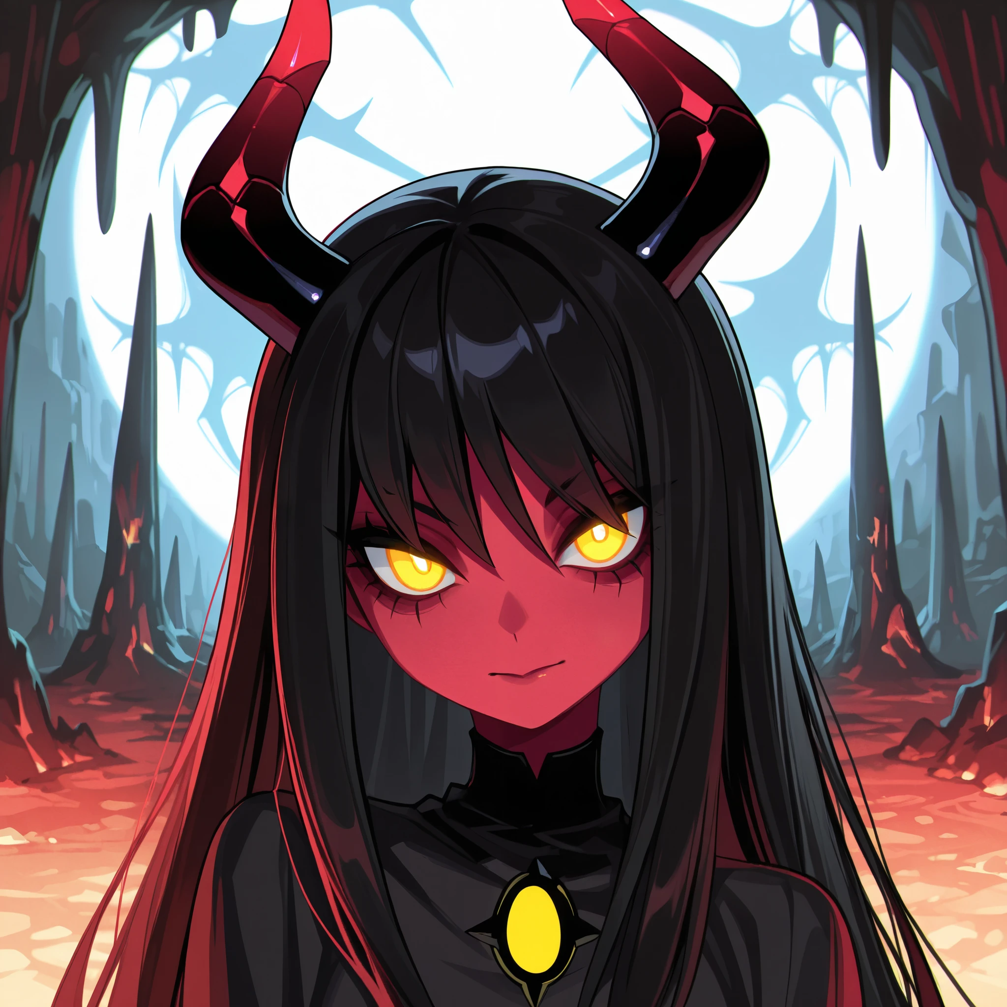expressive eyes, make the anime character into a cute femboy demon with red skin and horns and black curly black with a short body to and slim gothic clothes