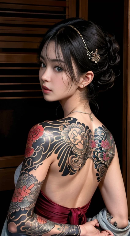 ((masterpiece, highest quality, Highest image quality, High resolution, photorealistic, Raw photo, 8K)), ((Extremely detailed CG unified 8k wallpaper)), Woman with oriental phoenix tattoo on her back、Close up on the back tattoo,