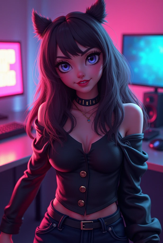 Une fille au oreilles de chat super sexy et en train de strimer
