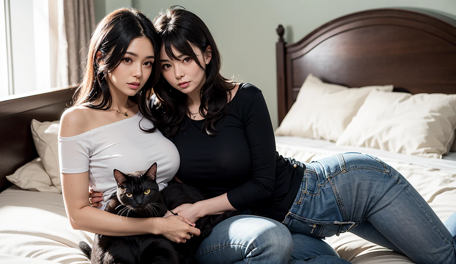 Young caucasian guy and young caucasian girl sitting on a sofa in an apartment with several cats, high resolution, precise, Honored many times, damaged, high resolution model, miaoz ,iaoz, Retina screen, realistic textures, Anatomically correct, qualityที่ดีที่สุด, details, detailsสูง, quality, detailsมาก, black hair, 