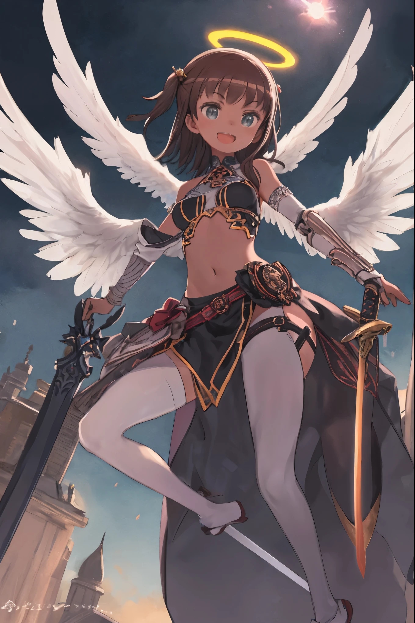 fantasy, 1angel_girl, low_teen, dark_brown_hair,long_bangs, (dark_skin)+, bare_shoulder, navel out, thighhighs,silver_shiny_armor, white_clothes,waist_armor, Glebe, hold_swords_emits_light, medium_breasts, dynamic_flying_pose,Floating, (1pair_white_wings:1.2),(pelvic_curtain:1.3), silver_Headgear ,looking_down_at_sunset_city_sky_background,,slightly_spread_legs, some_swords_emits_light,some_swords_emits_light_floating_around_the_girl,solo,glare_halo,laugh ,smile,open_mouth,open_legs,open_arms,rise_knee,rise_leg,rise_thigh,rise_leg,forward_leaning_posture,apart_legs,