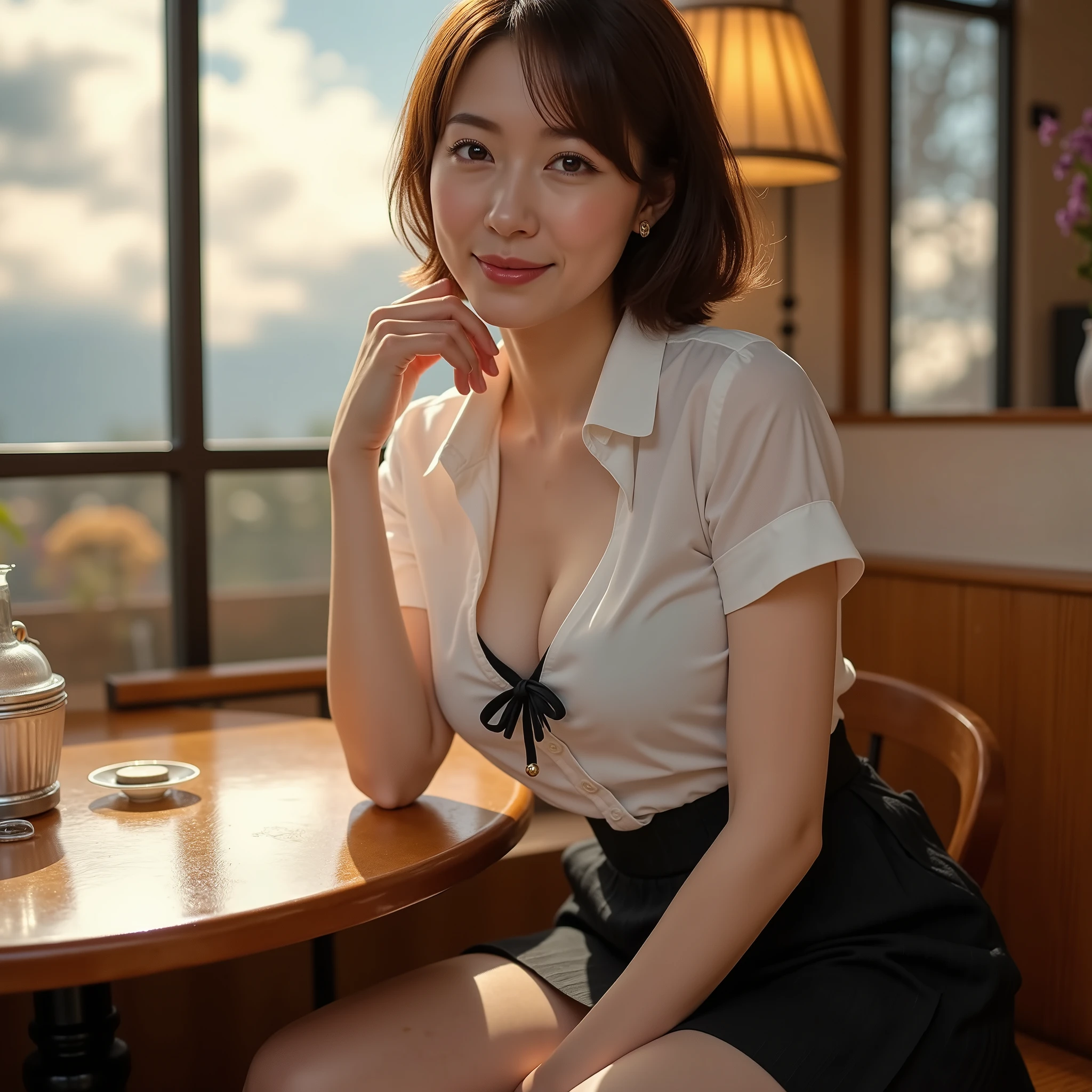 (64k,hyper HD,
Best quality, Masterpiece:1.2), (Realistic, photo-realistic:1.37), Ultra-detailed, 1 girl, Cute, Solo, Beautiful detailed sky, Detailed Cafe, Night, Sitting, dated, (nose blush), (Smile:1.15), (Closed mouth) Huge breasts, Beautiful detailed eyes, (Collared shirt:1.1), Night, Wet, Business attire, rain, White lace, (Short hair:1.2), Floating hair NovaFrogStyle, Topless, --auto