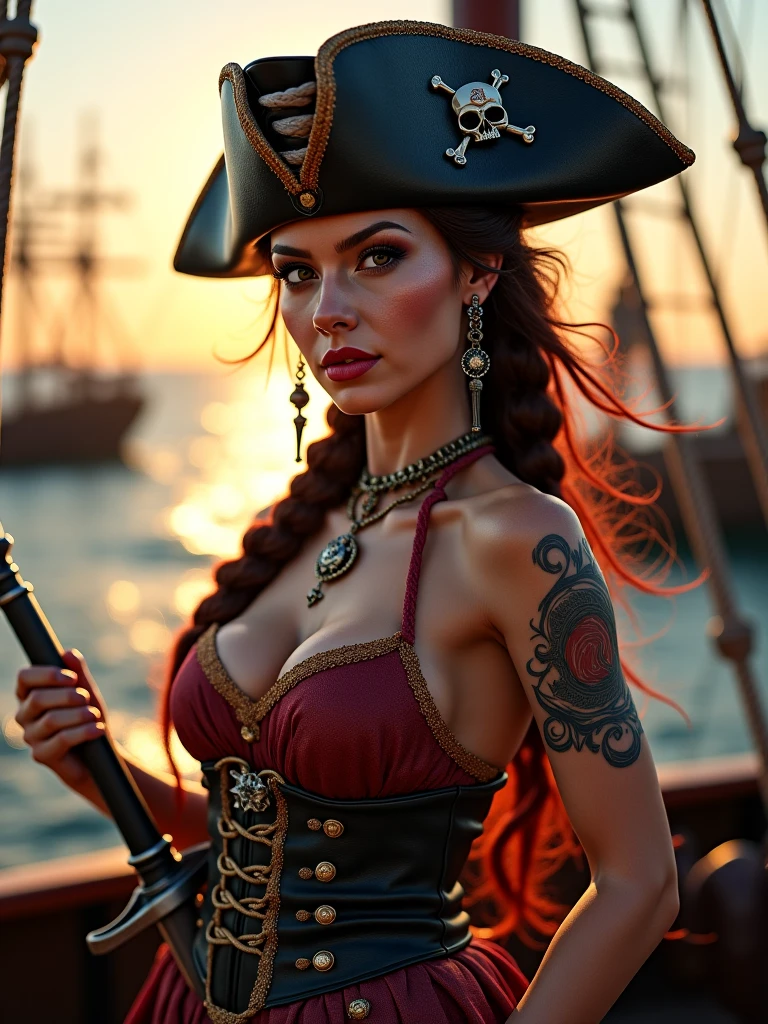 (young redhead pirate woman), (portrait), sharp focus, (ultradetailed), (standing), (happy) smile, pirate (ship galleon:1.2, hoop earrings, gold medallion, Dark Pinkpirate clothes, pirate hat, hips, (pirate parrot:1.2), pirate (village), leafy beach coast, (treasure chest with coins, gems and jewels:1.2), rum barrel, best quality masterpiece, bright sunny sky, backlight, natural lights, high contrast, hdr, shadows, pretty, beautiful, feminine, sexy, adorable, lovely, in love, (PirateDiffusionprt:0.5), <lora:Pirate:0.3> PrateT <lora:PirateRealms:0.3> <lora:Detail Tweaker LoRA add_detail:0.8> <lora:depth_of_field_slider_v1:5> <lora:SDXLrender_v2.0:0.9>