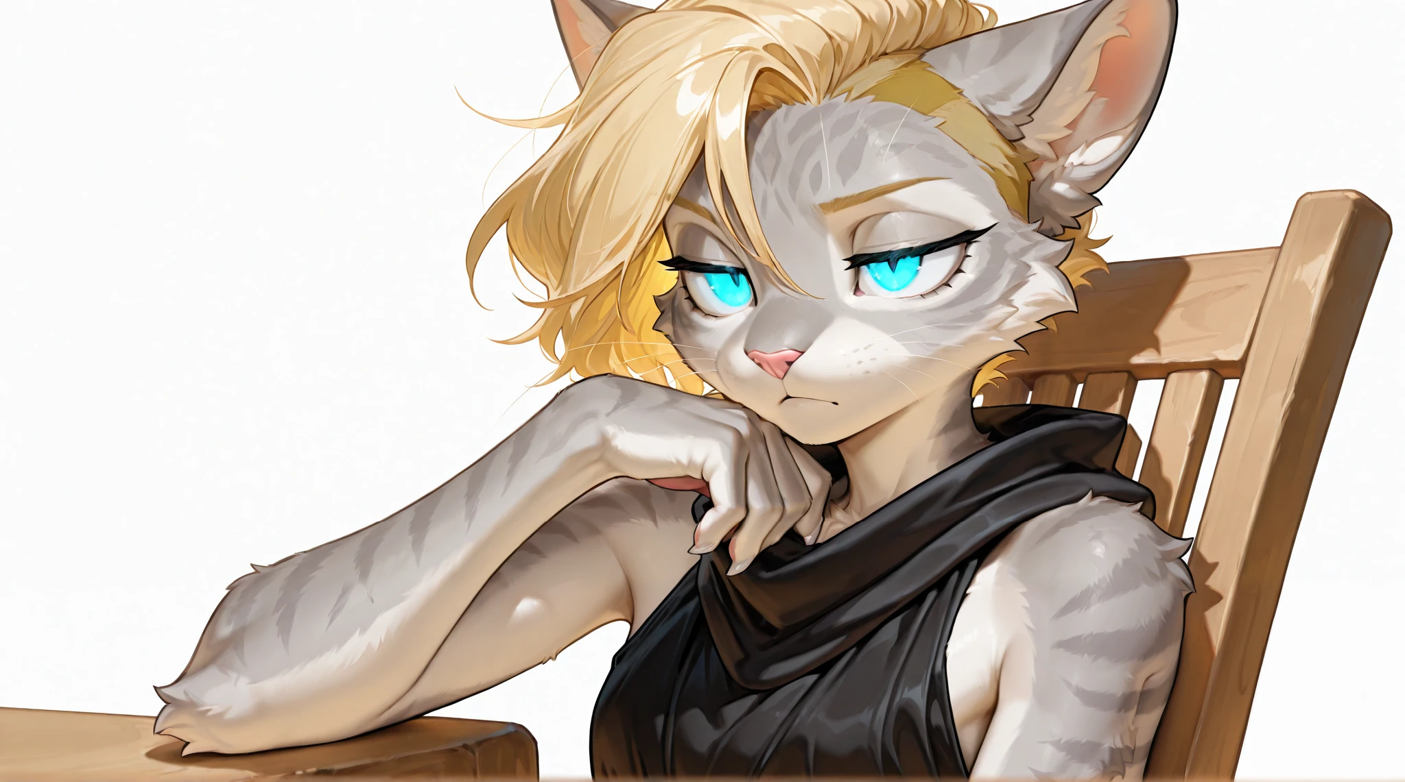 Masterpiece, best quality, absurd res, anthro, anthro furry grey cat female, countershading, glowing blue eyes, blonde hair, undercut hair, pink nose, bored expression, jitome, looking ahead, eyes half open, mouth open, whiskers, wearing sleeveless black cloth dress, plain white background, upper body shot, sitting on a wooden chair, hand out, claws, white sharp claws, 