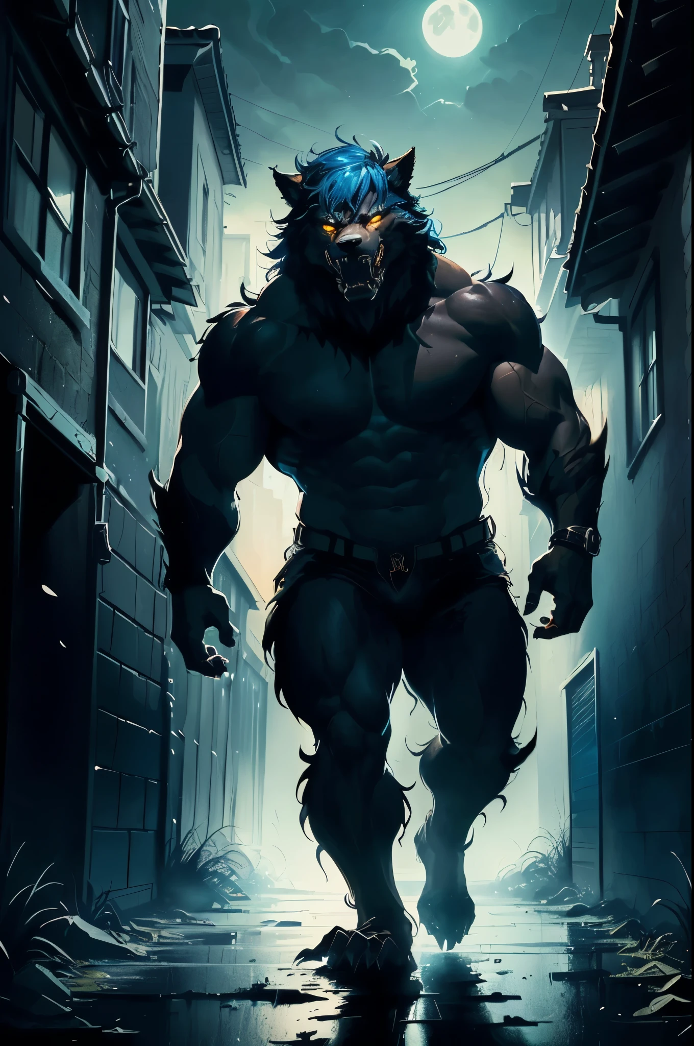 a dark man, 1.76 tall, black fur, dark eyes, conical nose, athletic body, light scar on his hand, on a cobblestone road, houses with visible bricks in white tones, blue and yellow, on a sunny day. With rich details and main focus on man..
