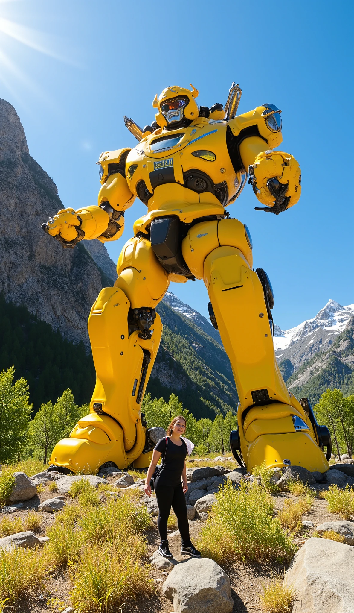 Cinematic photograph, low wide angle shot of yellow Rangers giant tall robotic yellow Smilodon sabertooth tiger with chrome edges in a mountain forest valley with short trees --ar 3:4