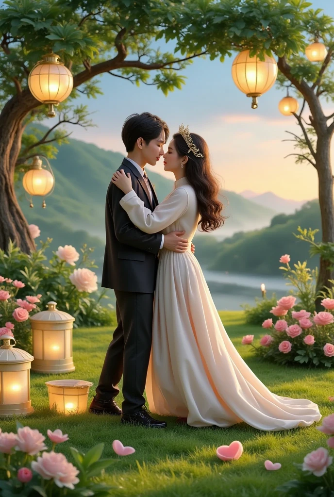 Share a romantic dance , Valentine's Day,一对情侣在迷人的garden中心跳浪漫的舞蹈. The scene is illuminated by floating candles and lanterns , projects a warm , Gently. garden , From the delicate petals of the flower to the verdant leaves , The intricate details are presented in amazing 8K resolution . The couple, Indulge in your arms , Exudes deep love and connection . The atmosphere is full of fantastic magic , The surroundings are highlighted by soft light and serene beauty .