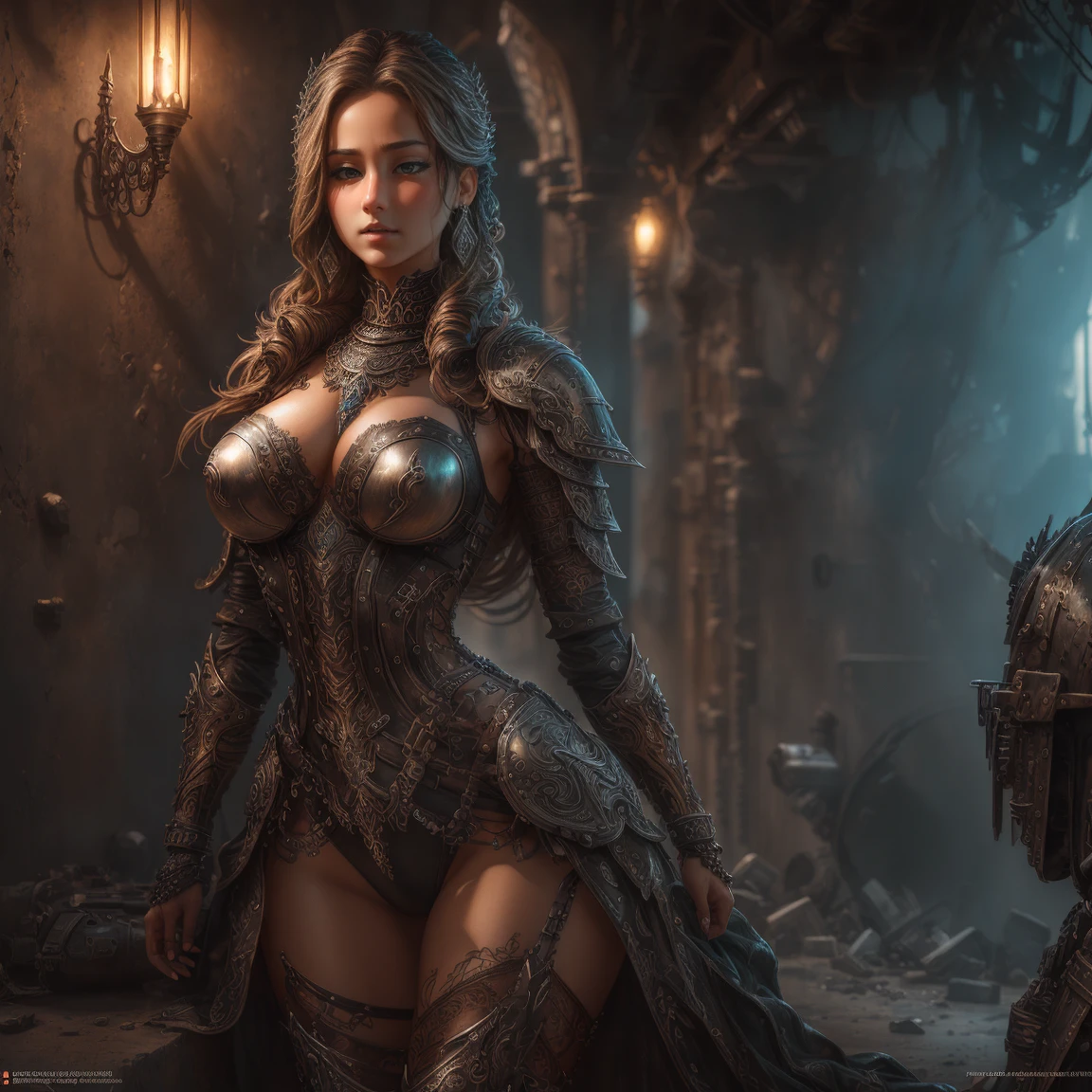 Female with intricate carbon medieval attire, captivating eyes, voluminous hair, luscious lips, well-defined curves, slender waist, rendered in 3D with photorealistic details, enhanced lighting, vibrant and lifelike